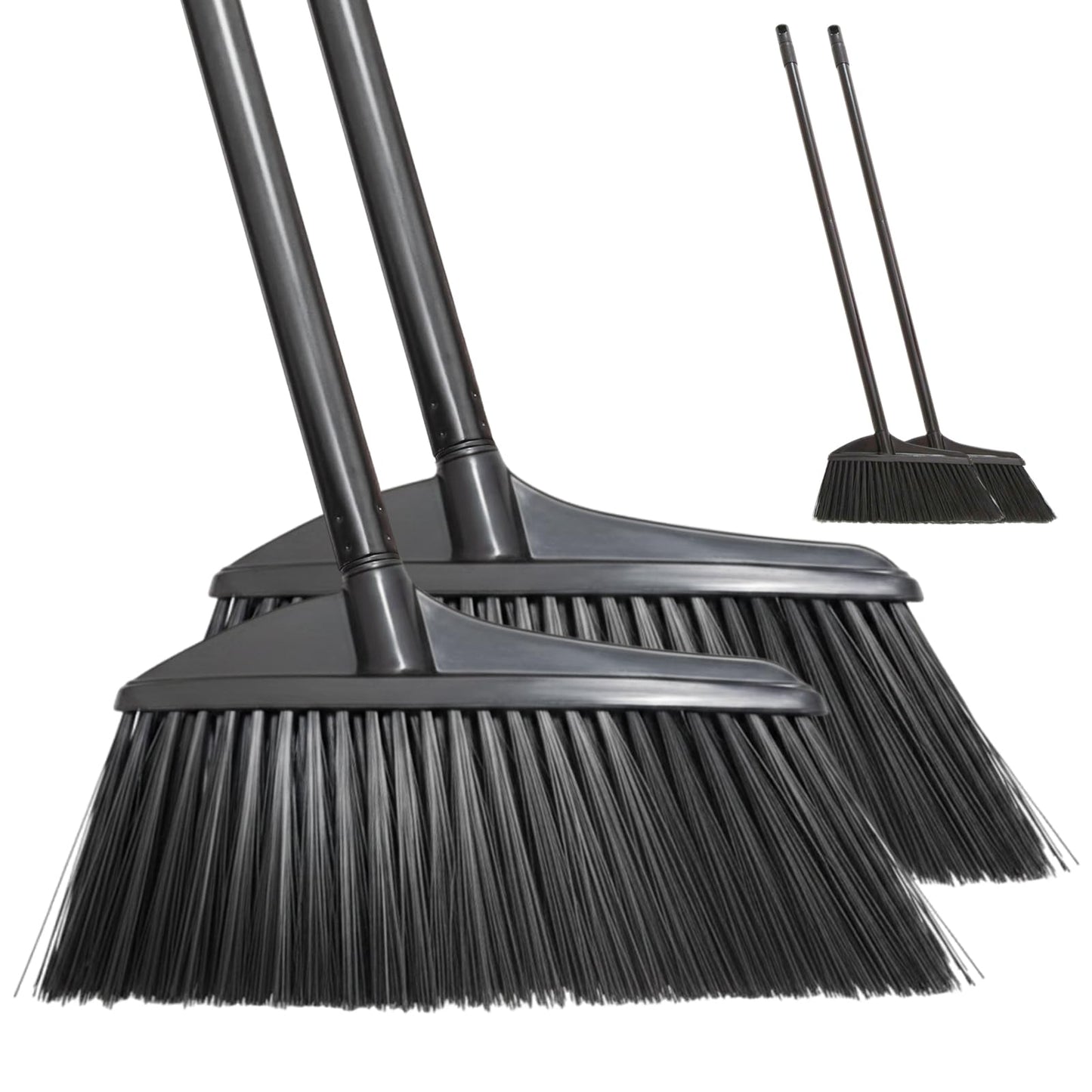 Primero Basics Black Broom for Floor Cleaning, 35" Heavy Duty Iron Handle Angled Broom with Stiff Bristles, Manual Sweeper for Kitchen, Apartment, RV, Small Spaces, Indoor Outdoor Use, 2 Pack