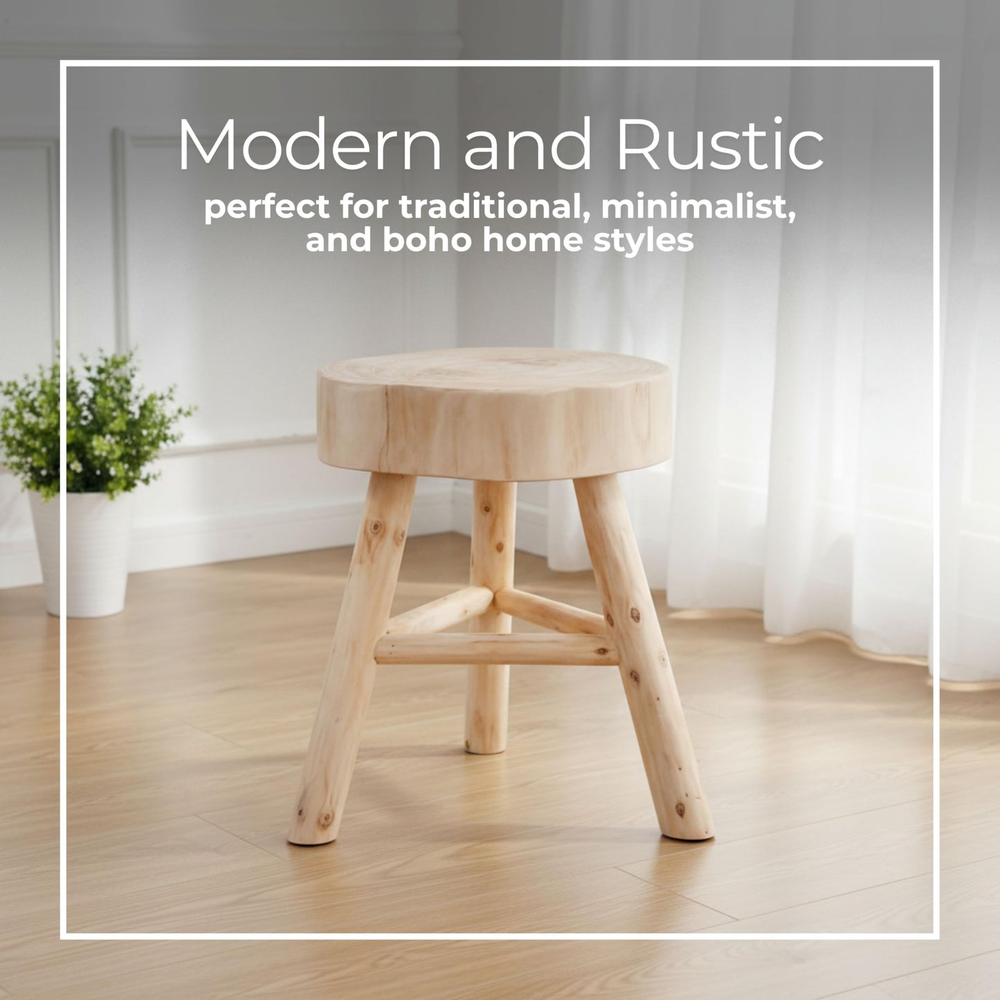 Sagebrook Home Paulownia Wood Stool - Rustic Handcrafted Wooden Accent Seat - Natural Finish - 16" Tall - Decorative Small Stool for Living Room, Bedroom & Office - 16" Ivory & Tan