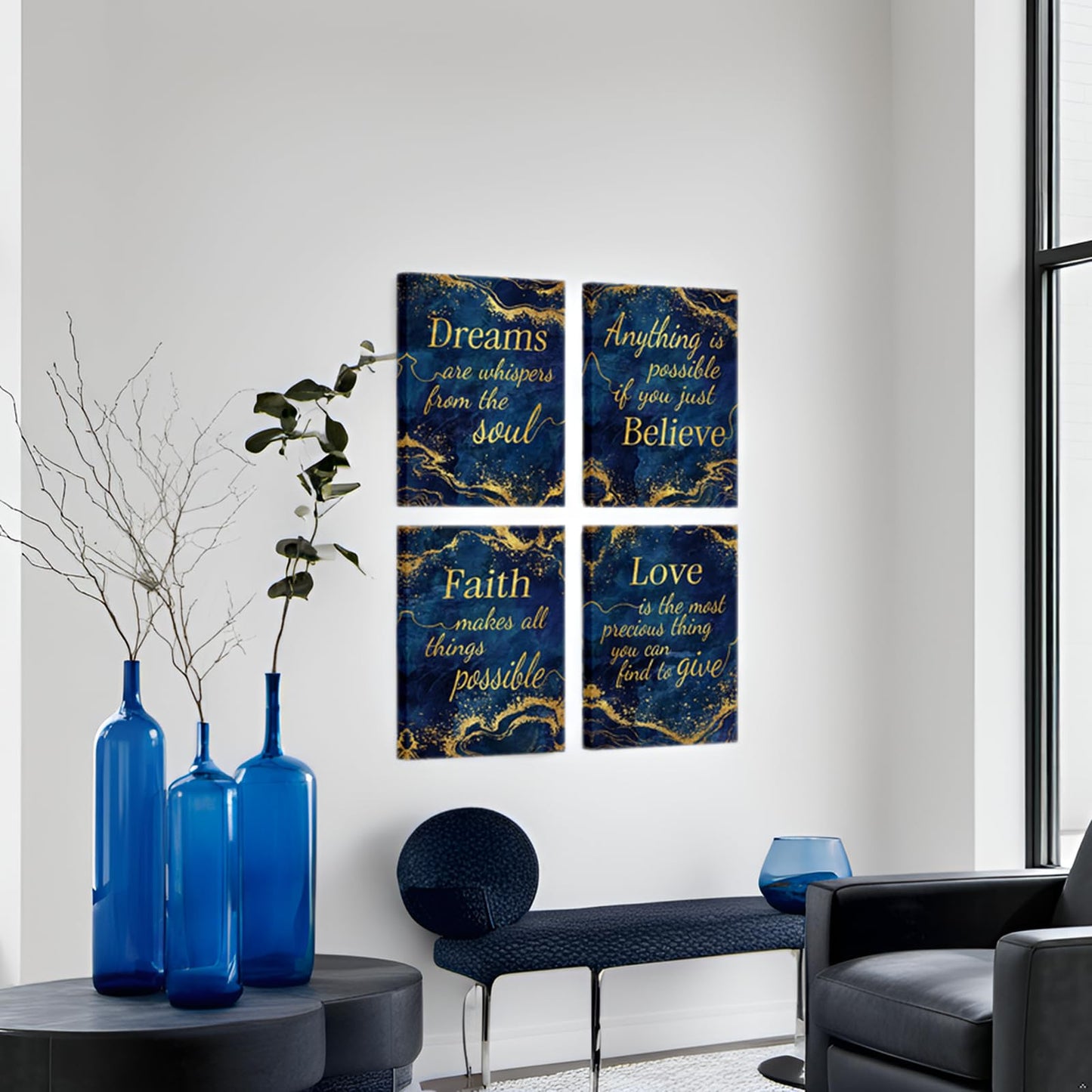 LevvArts Inspirational Wall Art Love Faith Believe Dream Wall Decor Motivaional Encouraging Canvas Prints Blue and Gold Pictures Decoration (Blue)
