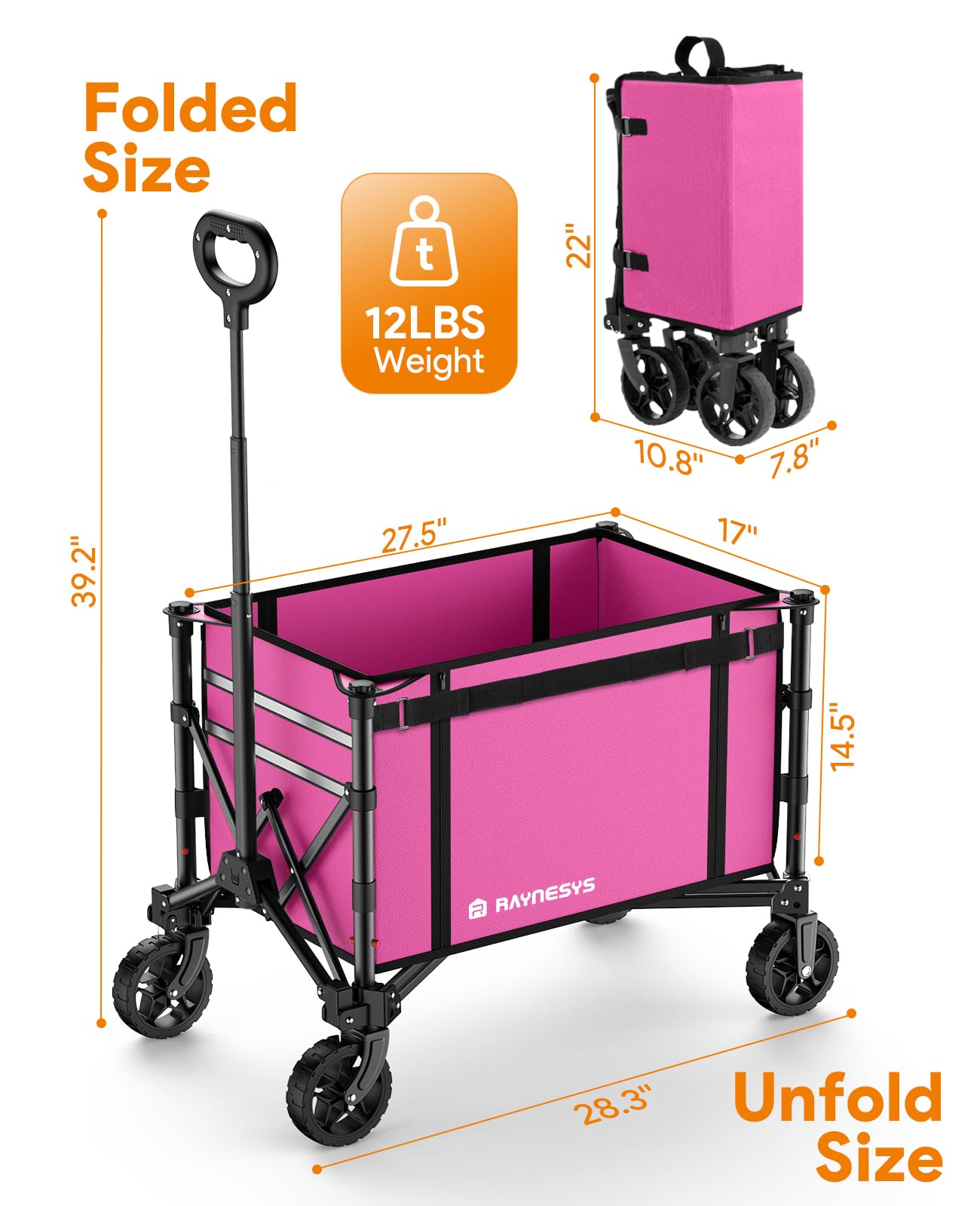3 in 1 Collapsible Wagon Converts to Bench, 220lbs Foldable Wagon Cart with Wheels, 120L Shopping Cart for Groceries Folding Utility Wagon for Beach, Garden, Camping, Sport, Wheelbarrows, Pink
