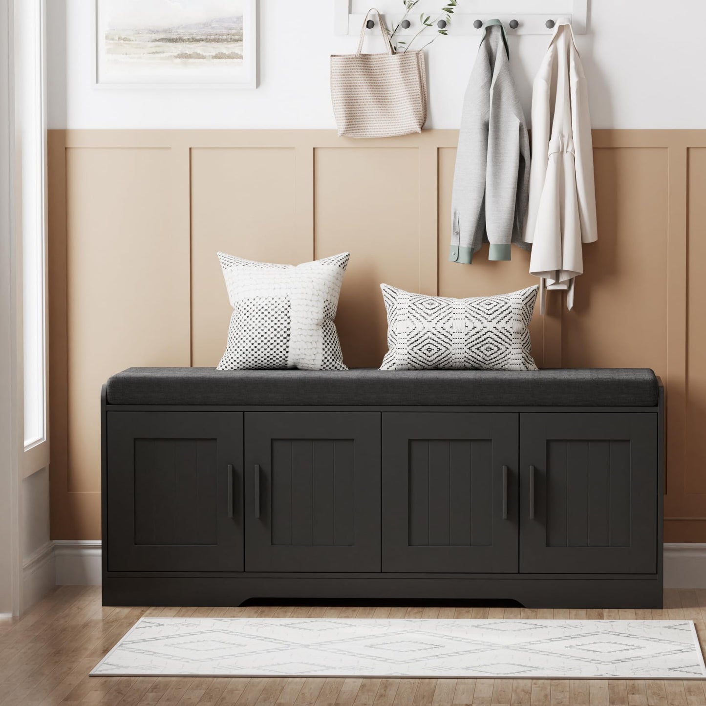 Homleke 2-Tier Storage Bench, Shoe Bench with Thickened Padded Seat Cushion, Entryway Bench with 4 Doors, Adjustable Shelf, 13.8" D x 45.3" W x 18.5" H, for Entryway, Living Room, Bedroom, Black