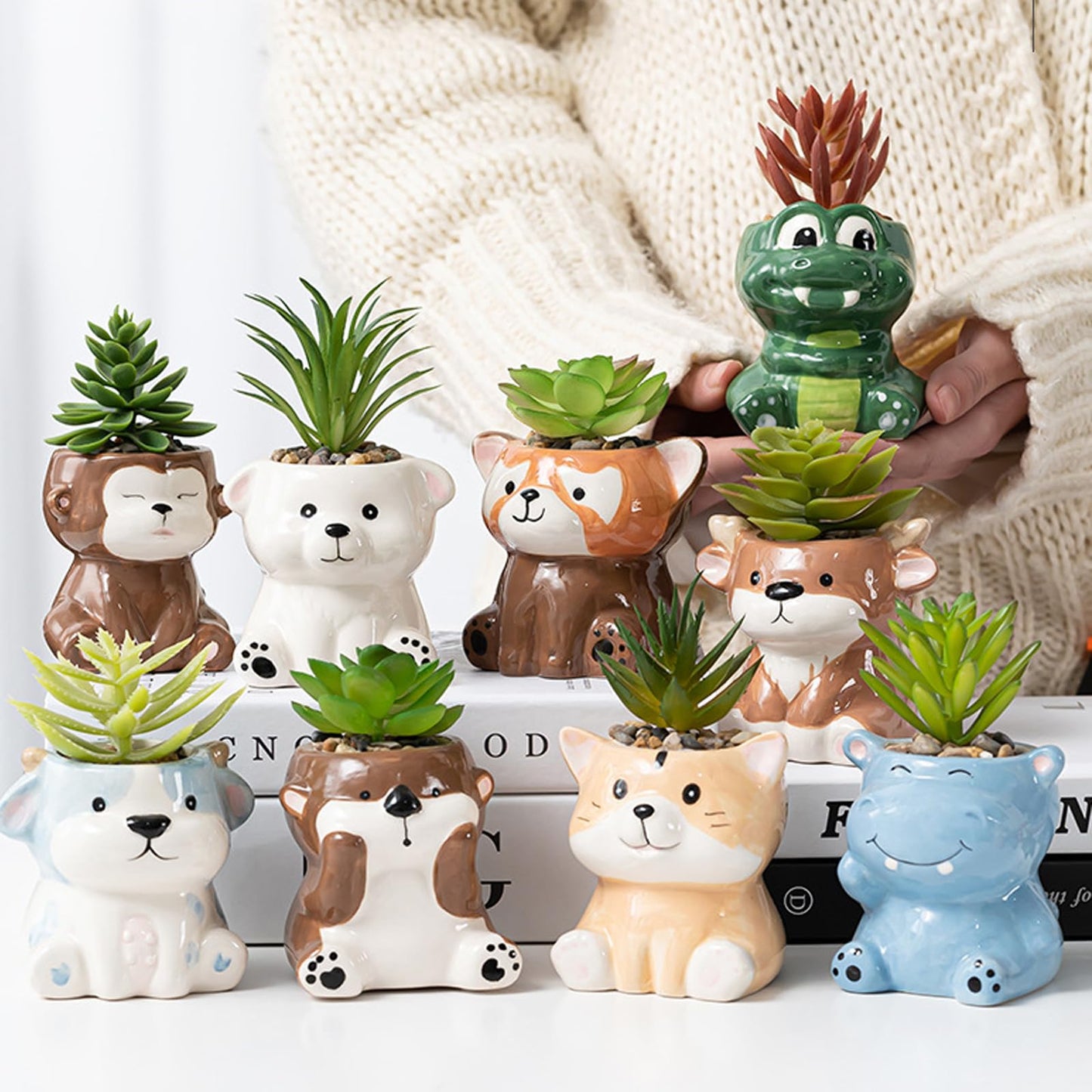 DIYOMR Cute Animals Planter, Mini Ceramic Cartoon Animal Shaped Succulent Flower Pot Indoor Air Plants Holder, Smooth Shiny Decorative Flower Cactus Planter - Plants Not Included (Hippo)