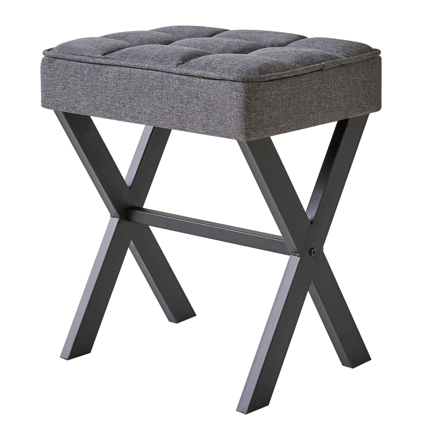 IBUYKE Square Makeup Stool with X-Leg Foot Rest, Linen Footrest, Ottoman Seat, Multi-Use as Small Side Table, for Bedroom, Living Room, Dark Gray LG-70G