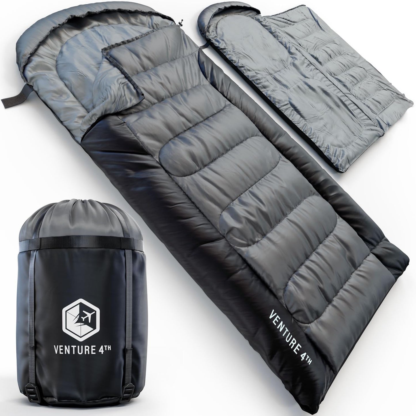 VENTURE 4TH 3-Season XXL Backpacking Sleeping Bag, Camping Sleeping Bags for Adults & Kids - Lightweight, Comfortable, Water Resistant, Ideal for Hiking, Camping & Outdoor – Silver/Black