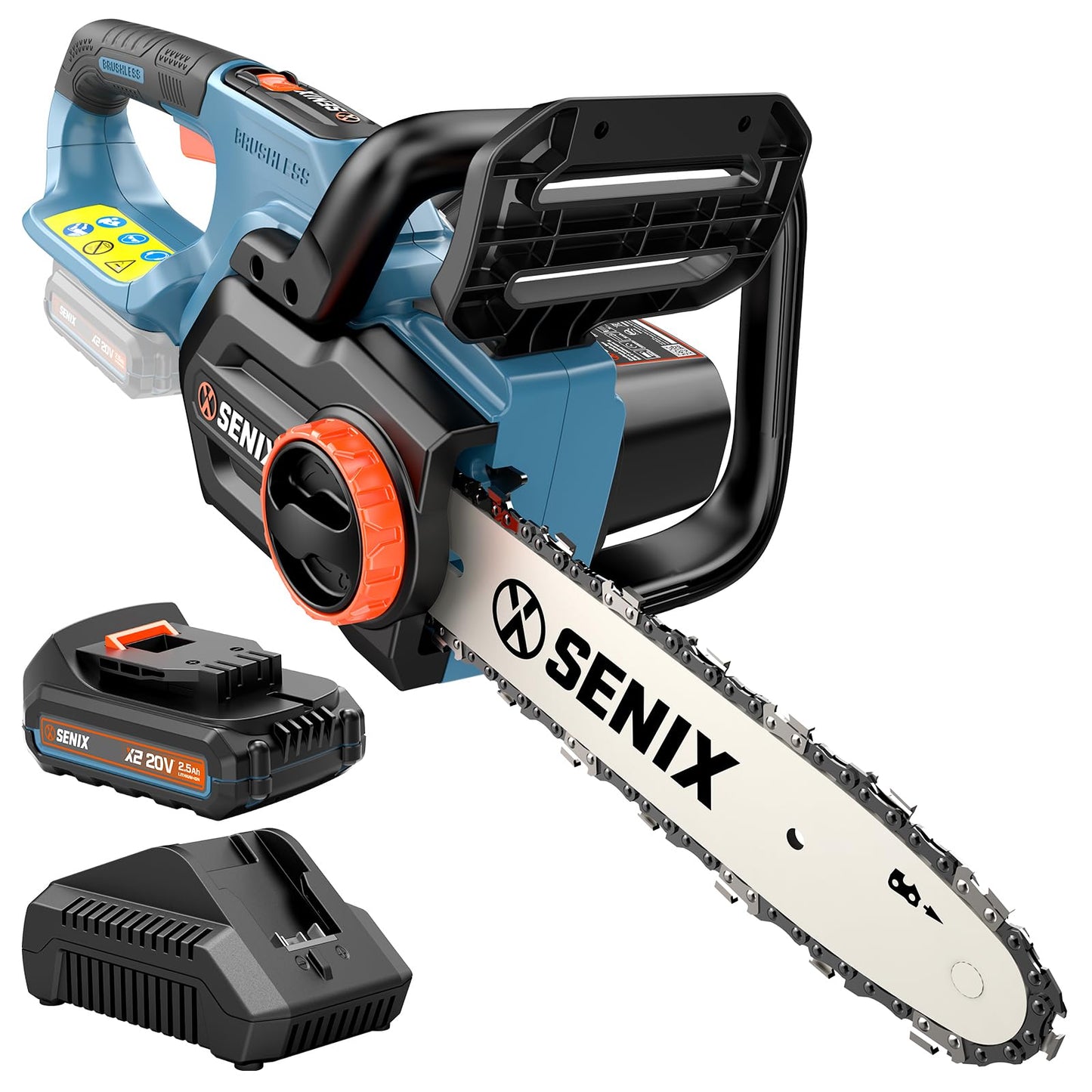 SENIX Chainsaw Cordless, 20V 10" Battery Chainsaw, Brushless Chain Saw, Includes 2.5Ah Battery & Charger, Garden Tool for Tree, Pruning, Branch Cutting, Yard, Fathers Day Gift, Tool-Free,CSX2-M