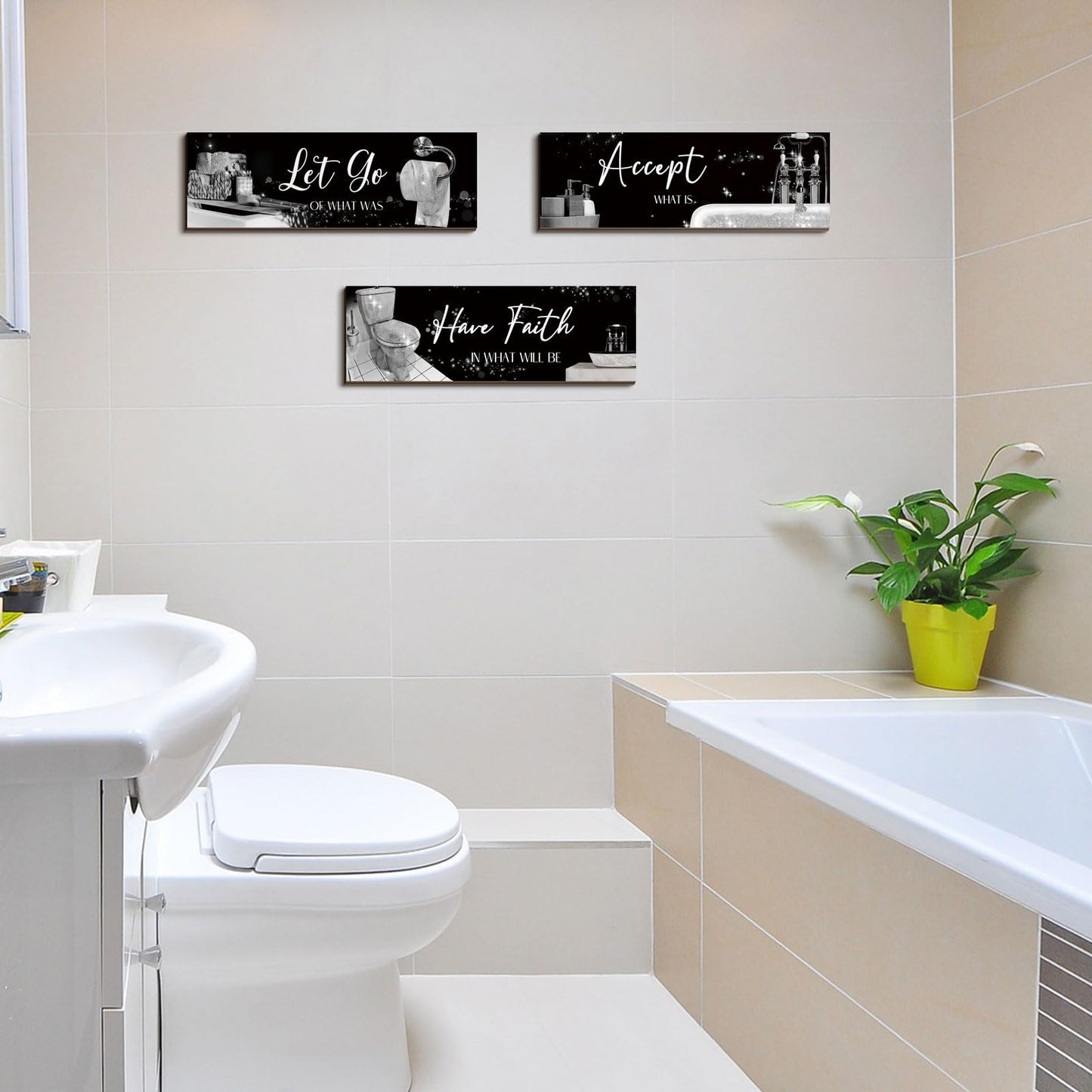 Honoson 3 Pcs Bathroom Decor Wall Art Bathroom Pictures Decor Accept Let Go Have Faith Wood Wall Hanging Sign for Home Spa Laundry 11. 8 x 3. 9 x 0. 2 Inches (Silver)