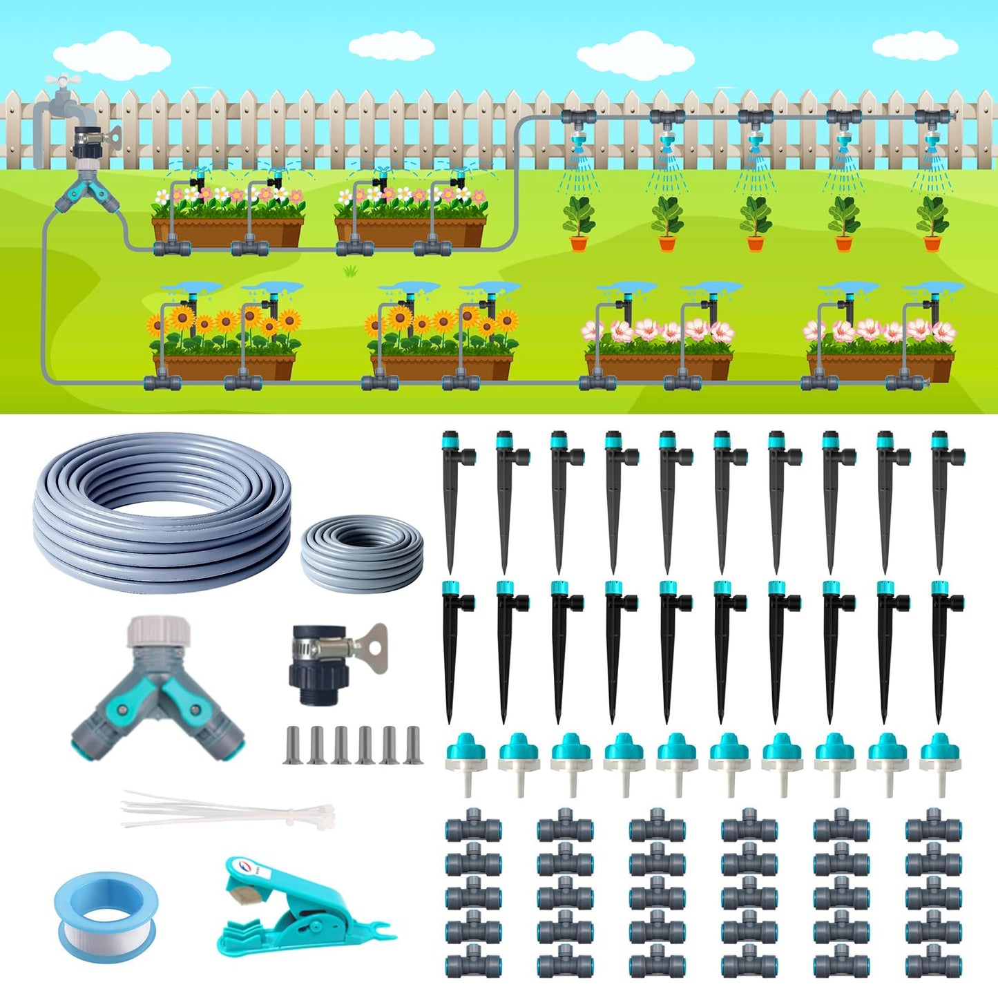 Drip Irrigation System Kit 230FT - Automatic Watering System with Quick Connector, Complete Water Irrigation System for Garden Lawn with 12mm 6mm Irrigation Tubing Adjustable Emitters