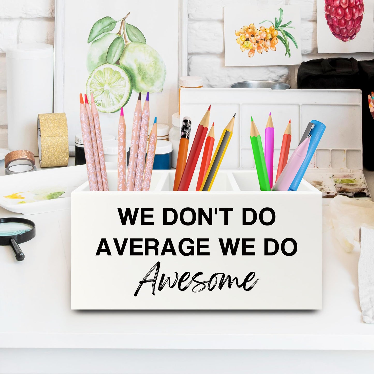 XPH Inspirational Pen Pencil Holder Organizer for Desk, Inspirational Gifts for Women, We Don't Do Average We Do Awesome Motivational Wooden Box Sign for Home Office Desk Tabletop Decorations