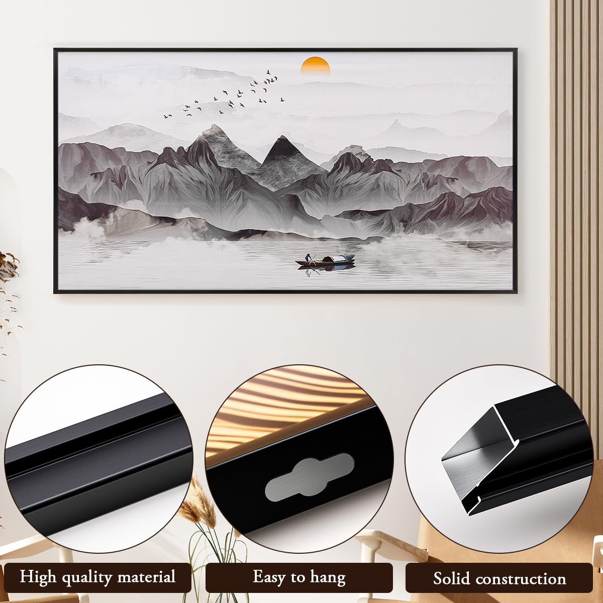 Kepfire Large Landscape Wall Art Metal Framed for Living Room Bedroom, 57"×31" Chinese Ink Wall art Canvas,Black and White Mountain Water Landscape Wall art Canvas for Room Office Decor