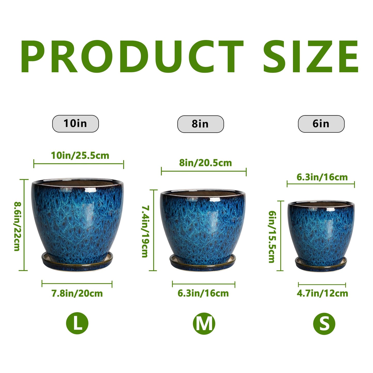 EPFamily Plant Pots Indoor, Ceramic Planters Pots with Drainage Holes and Saucers, 10+8+6 Inch, Set of 3, Round Large Flower Pots for Indoor Outdoor Plants, Blue