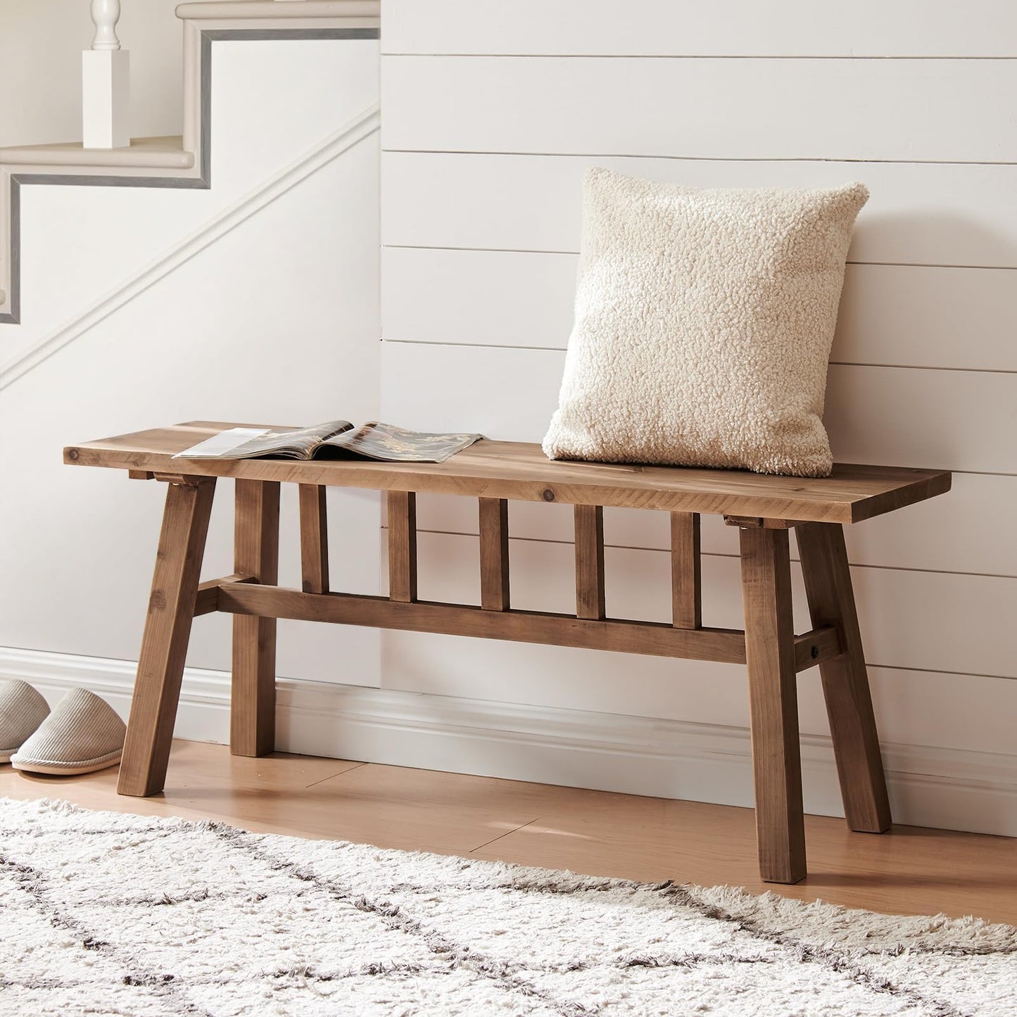 Wnutrees 43" Solid Wood Bench, Farmhouse Rustic Entryway Bench Seat for Dining Room, Hallway, End of Bed, Handcrafted Finish, Natural