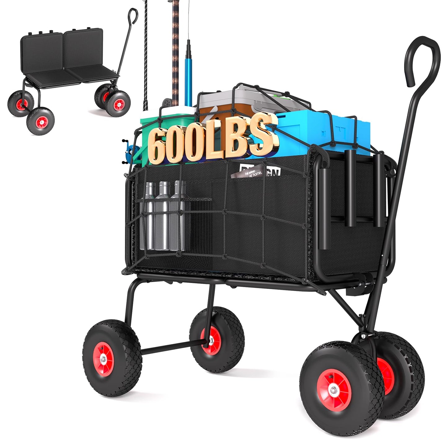 3 in 1 Beach Fishing Cart, Heavy Duty Garden Carts w/All Terrain Inflatable Tires, Folding Wagon Cart, Convert to Chair or Bench with Cushion, Rod Holders and Durable Oxford Bag
