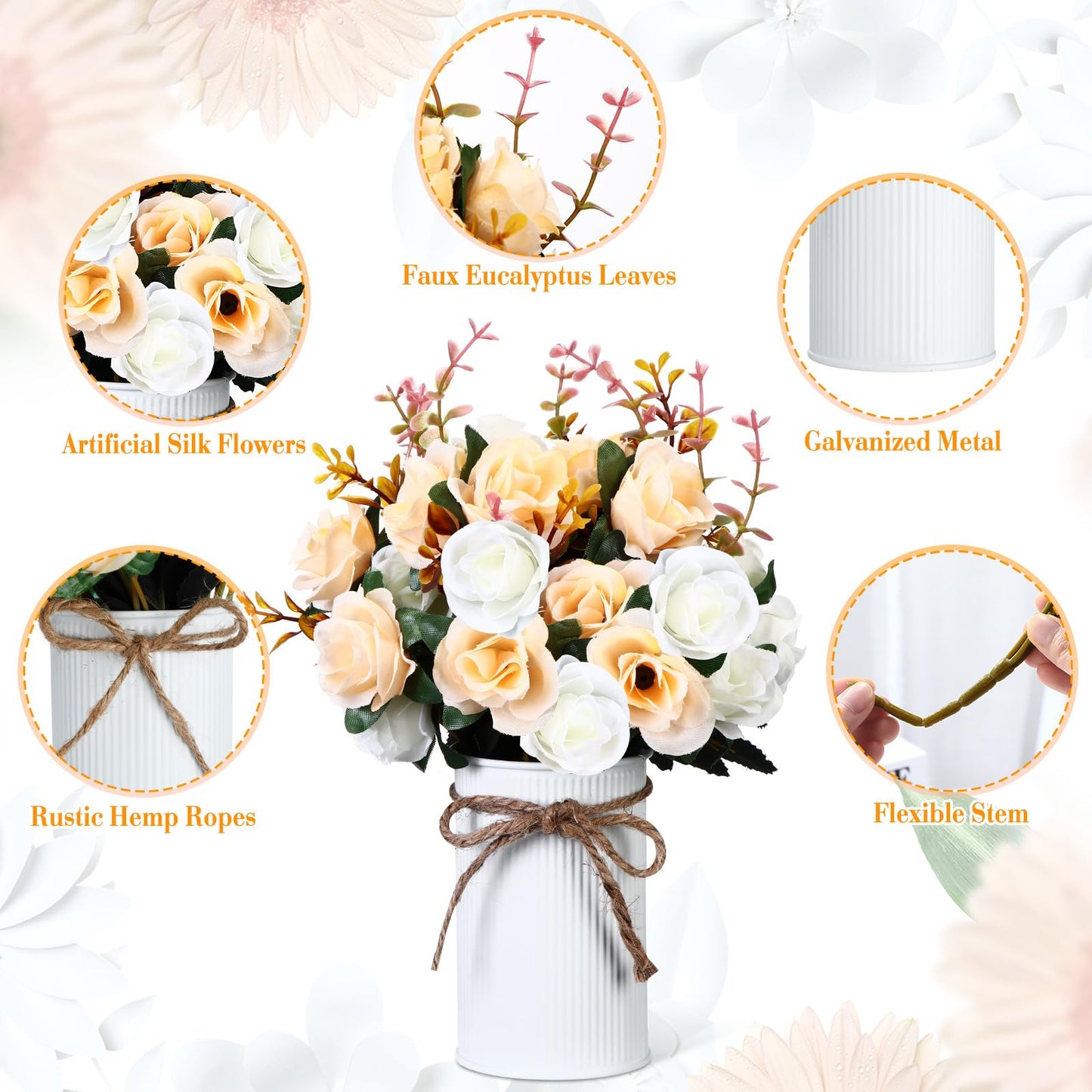 Domensi 24 Sets Wedding Table Centerpiece Artificial Flowers with Vase 48 Pcs Fake Bouquets 24 Pcs Metal Vases Floral Arrangements for Holiday Party Event Table Decor(Champagne)