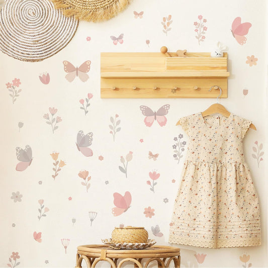 Watercolor Butterfly and Flower Wall Decals Peel and Stick- 53 PCS Removable Wildflower Stickers for Girls Room, Nursery, Bedroom Decor, Easy Peel and Stick Wall Art