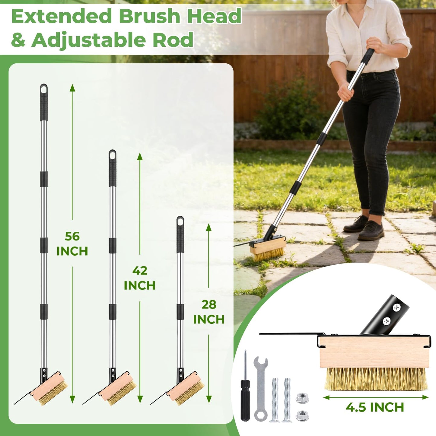 Crack Weeder Tool with 2 Brush Heads,5.1in Extended Metal Crevice Weeding Brush,Weed Moss Remover Tool for Weeding Between Concrete Pavers Decks,Weeding Puller Removal with Long Handle