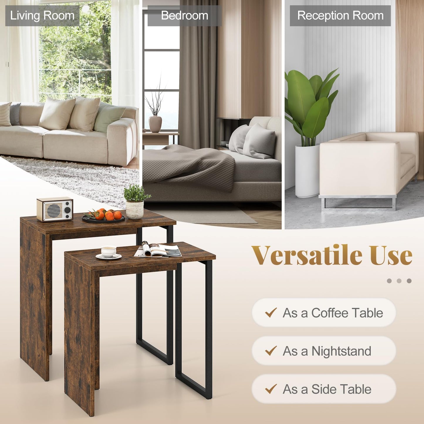 Giantex Nesting Coffee Table Set of 2, Rectangular Stackable Side Tables with Sturdy Metal Frames, Modern Nesting End Tables for Living Room, Bedroom, Rustic Brown