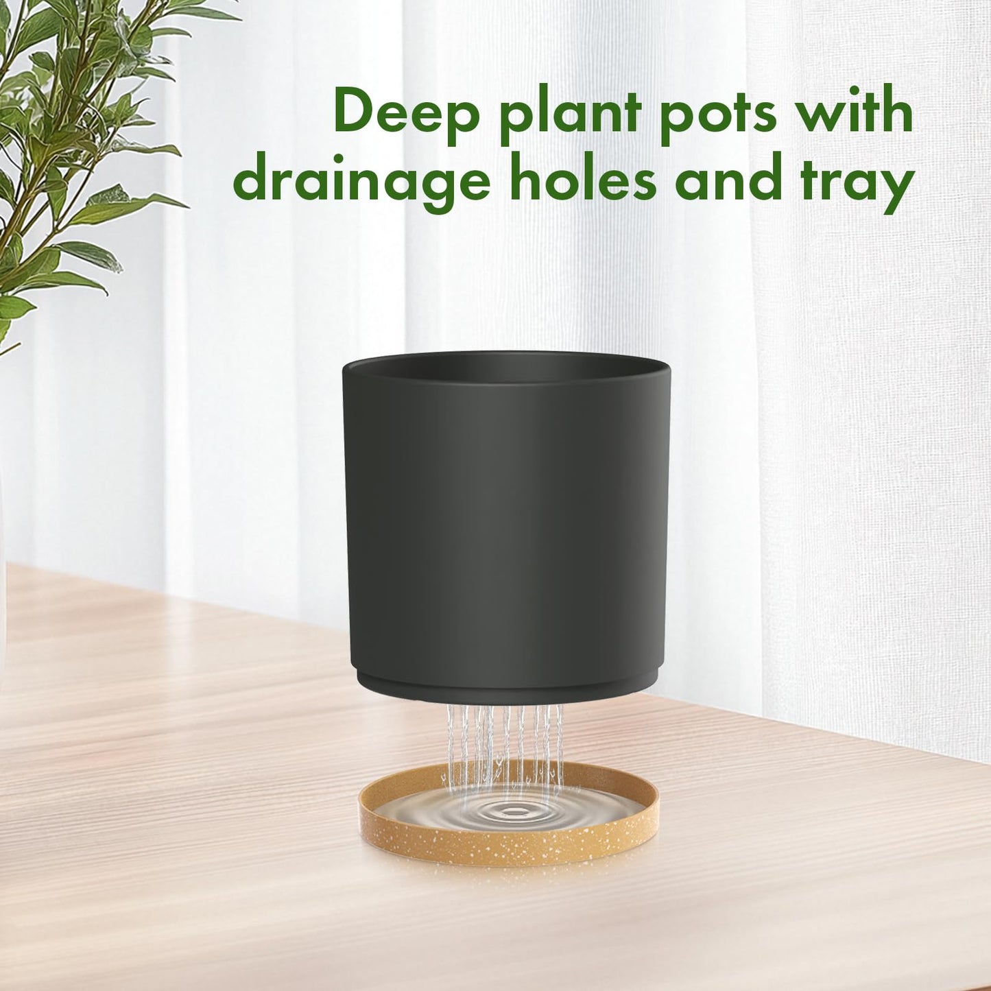 Meowell 8/7/6 inch Flower Pots, 3 Pack Cylinder Plant Pots for Outdoor Indoor Plants, Decorative Plastic Planters with Drainage Holes and Saucers for Garden House Plants, Black with Brown