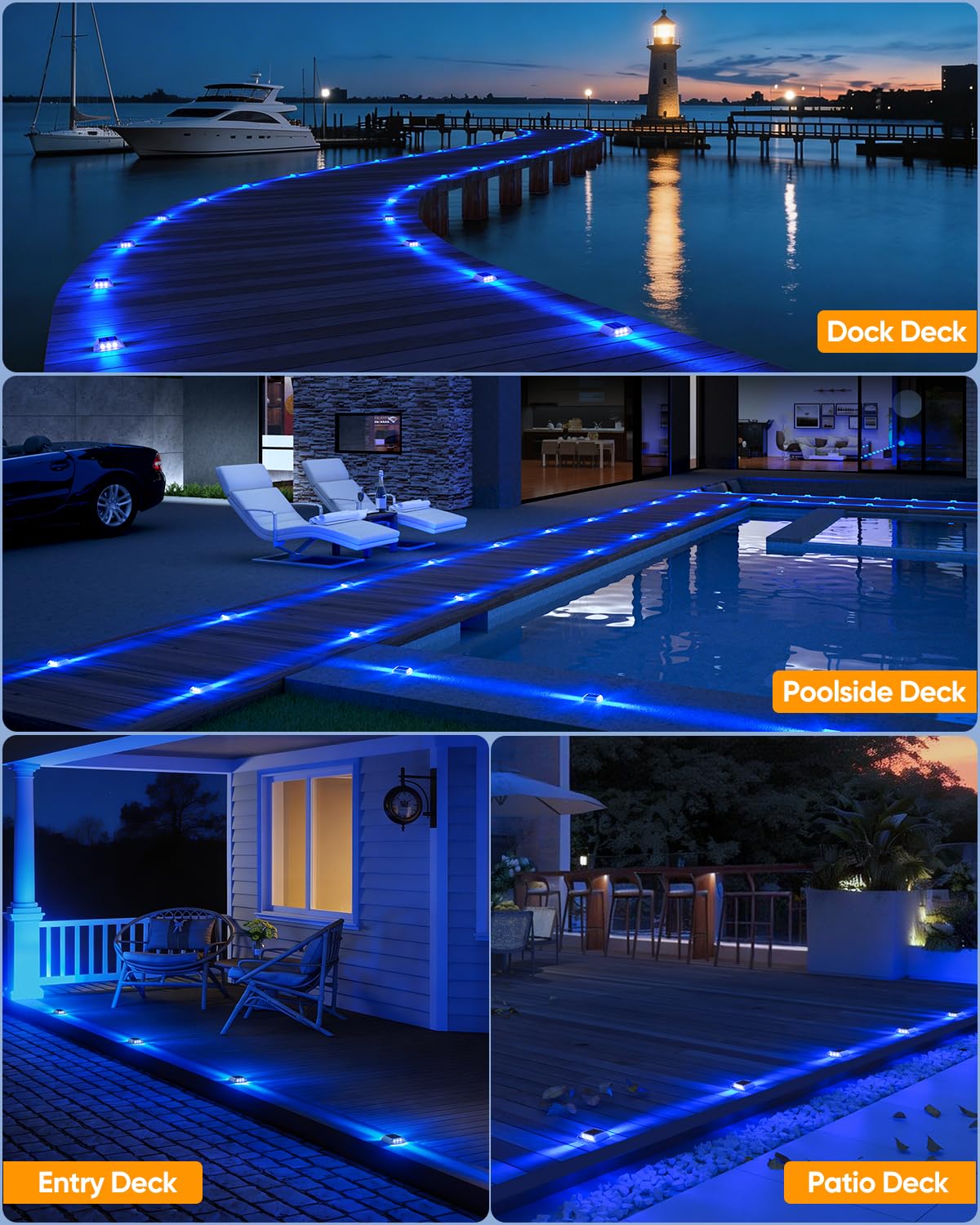 DetarZinLED Solar Driveway Lights Outdoor, 4 Pack IP68 Waterproof Dock Deck Lights Solar Powered, Stick on & Screw Blue Markers Light for Pathway, Walkway, Sidewalk, Patio, Pool Deck, Garage Entrance