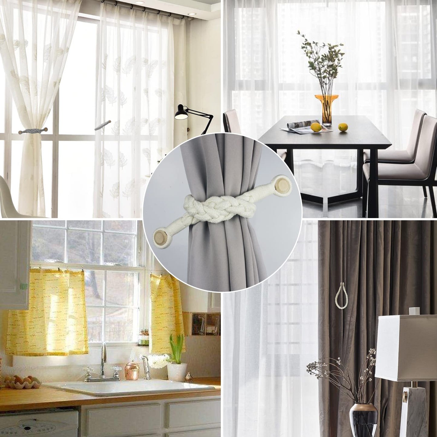 Porlau 2 Pack Magnetic Soft Curtain Tiebacks Cotton Hand-Woven Tieback Holdback Home Decorative Tie Backs with Wooden Buckle for Home Office Decor (Cream, 2)