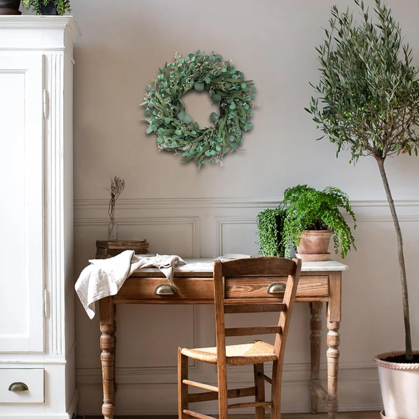 TEMPUS 20 Inch Artificial Eucalyptus Leaves Wreath Greenery Spring/Summer Wreath for Front Doors, Walls, Farmhouse (Indoor/Outdoor Use)
