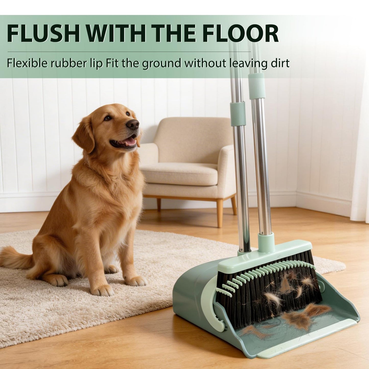 YZO Broom and Dustpan Set, 54.33 Inch Long Handle Standing Design, Dustpan Front Rubber Tight Seal, Broom with 5 Layer Bristles, Suitable for Living Room, Bedroom, Yard, Office and Apartment(Green)
