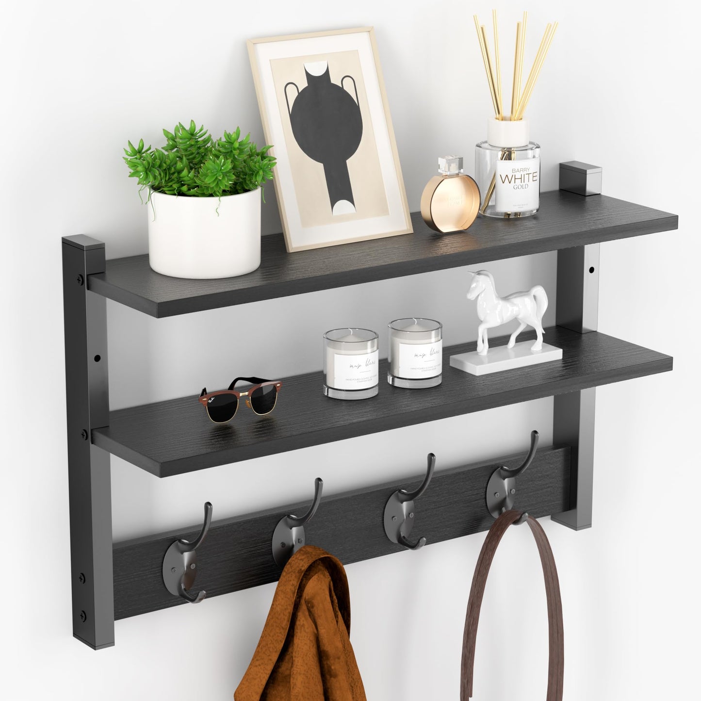Orapoke Two-Tier Wall Shelf with Hooks, 17" Coat Rack Wall Mount with Shelf, Entryway Key Hooks for Wall with Heavy Duty Double Hooks, Coat Hook Wall Mounted for Bedroom, Living Room, Black