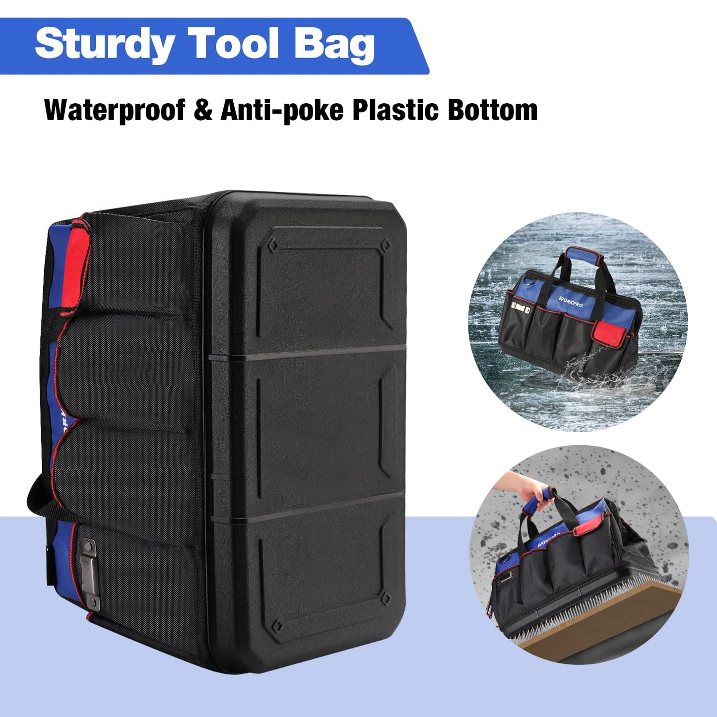 WORKPRO Tool Bag, 18 Inch Tool Bag with Waterproof Molded Base, Open Top Tool Organizer Bag with 20 Pockets, Adjustable Shoulder Strap