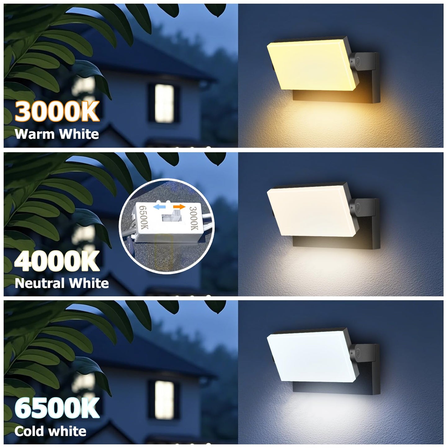 rosykite 3CCT LED Outdoor Wall Lights, 4800LM, 360° Adjustable, 3 Color Modes, IP66 Waterproof, Security Wall Pack Flood Lights for Garage, Porch, Patio, Black