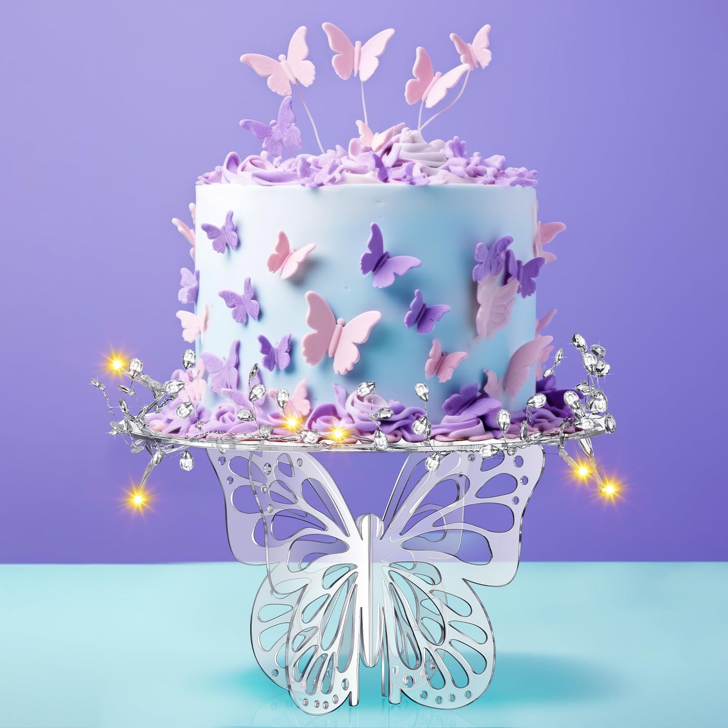 Lineshading 12 Butterfly Cake Stand Acrylic Lighted Cake Holder Acrylic Serving Platter with String Lights Water Drop Diamond String Cupcake Stand Round for Wedding Birthday Dessert Table