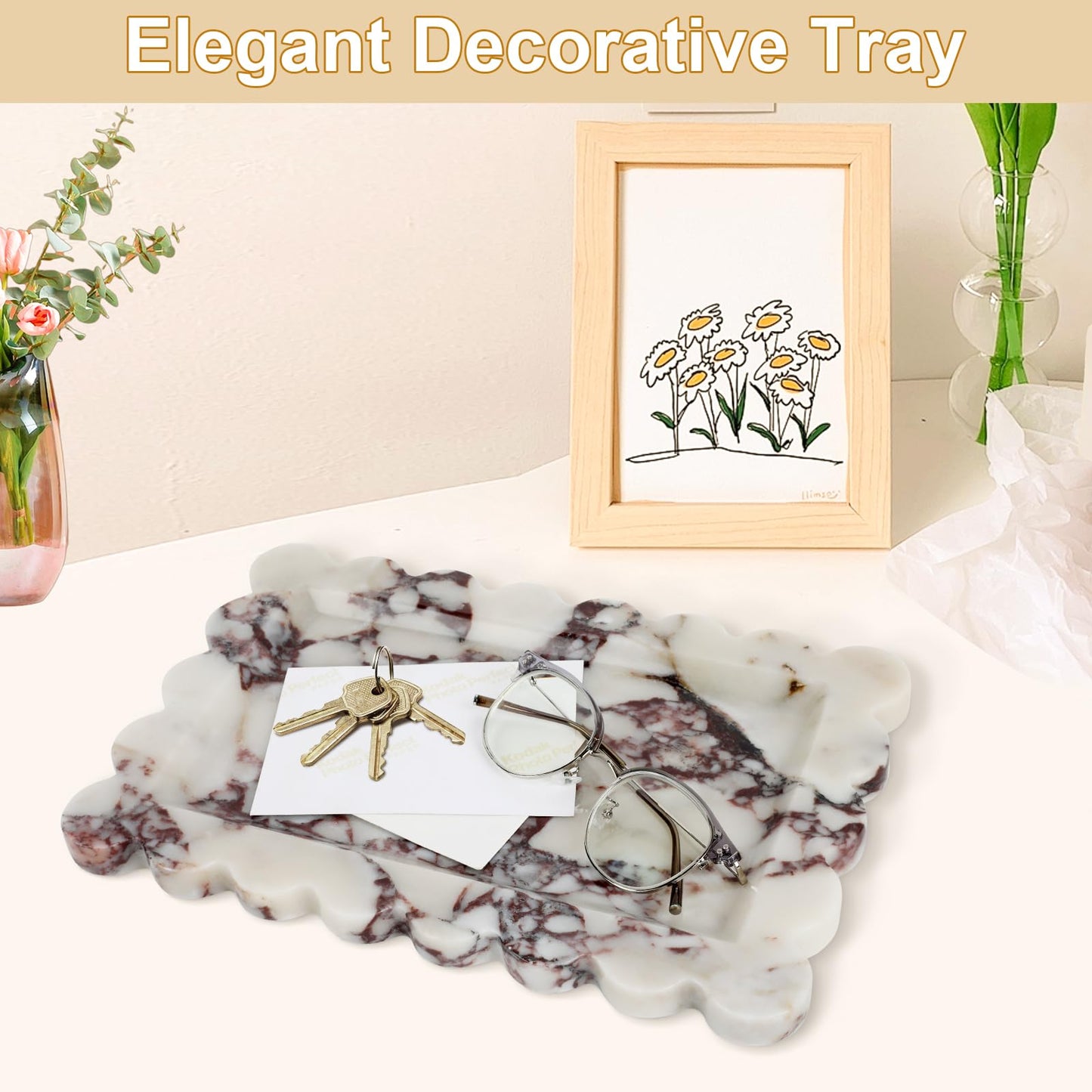 Xosody 100% Natural Marble Vanity Tray - Real Stone Storage Organizer for Bathroom/Kitchen/Vanity/Dresser, Countertop Tray for Perfume, Jewelry, Home Decor, 11.8 x 7.8 x 0.7 Inch