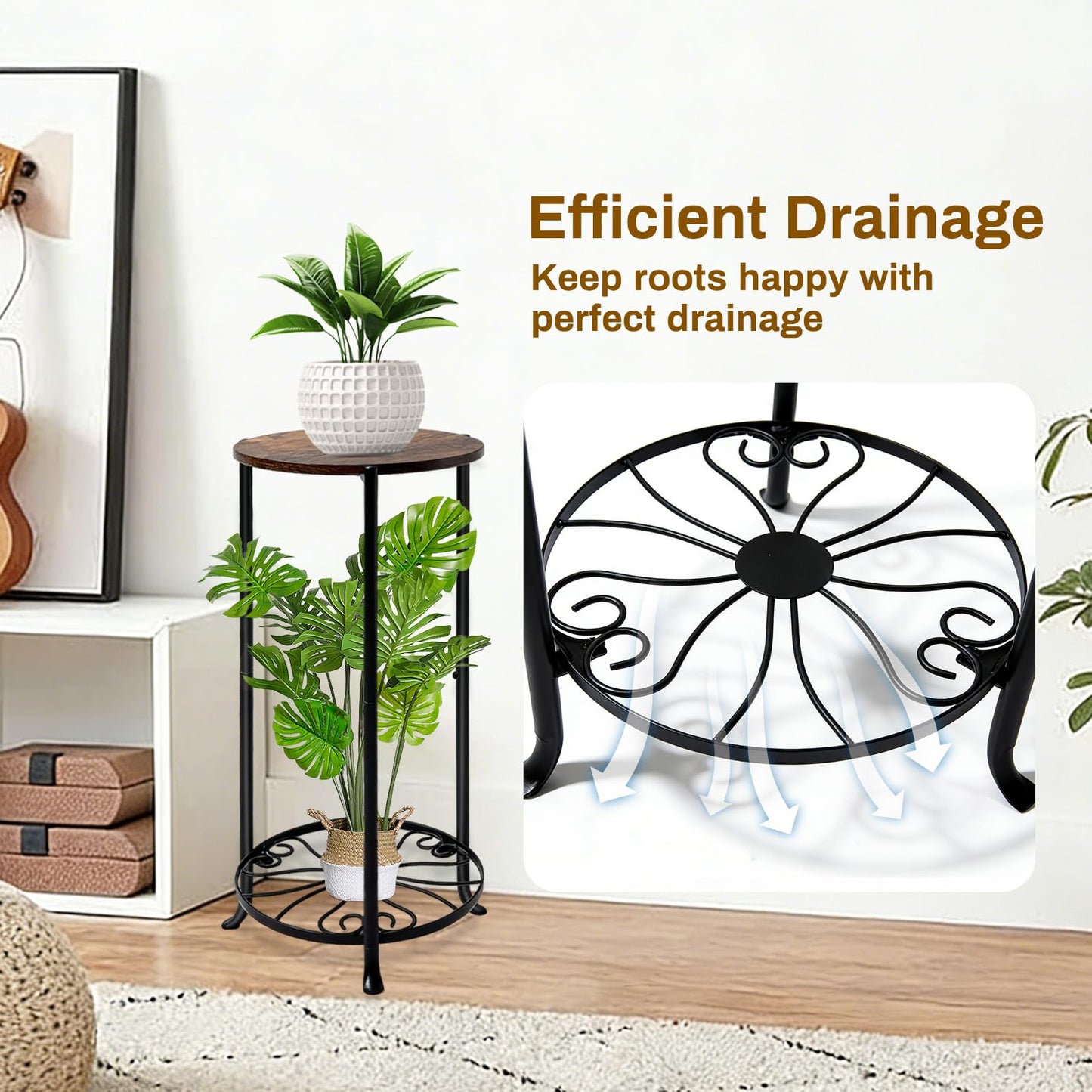 Uniqcovosa Plant Stand Indoor, 2 Tier Wood Round Potted Holder Rack, 27 " Tall Flower Pot Stand Shelf, Round Supports Plant Stand for Large Plants, Corner Plant Shelf for Balcony Garden Patio Living Room, Brown