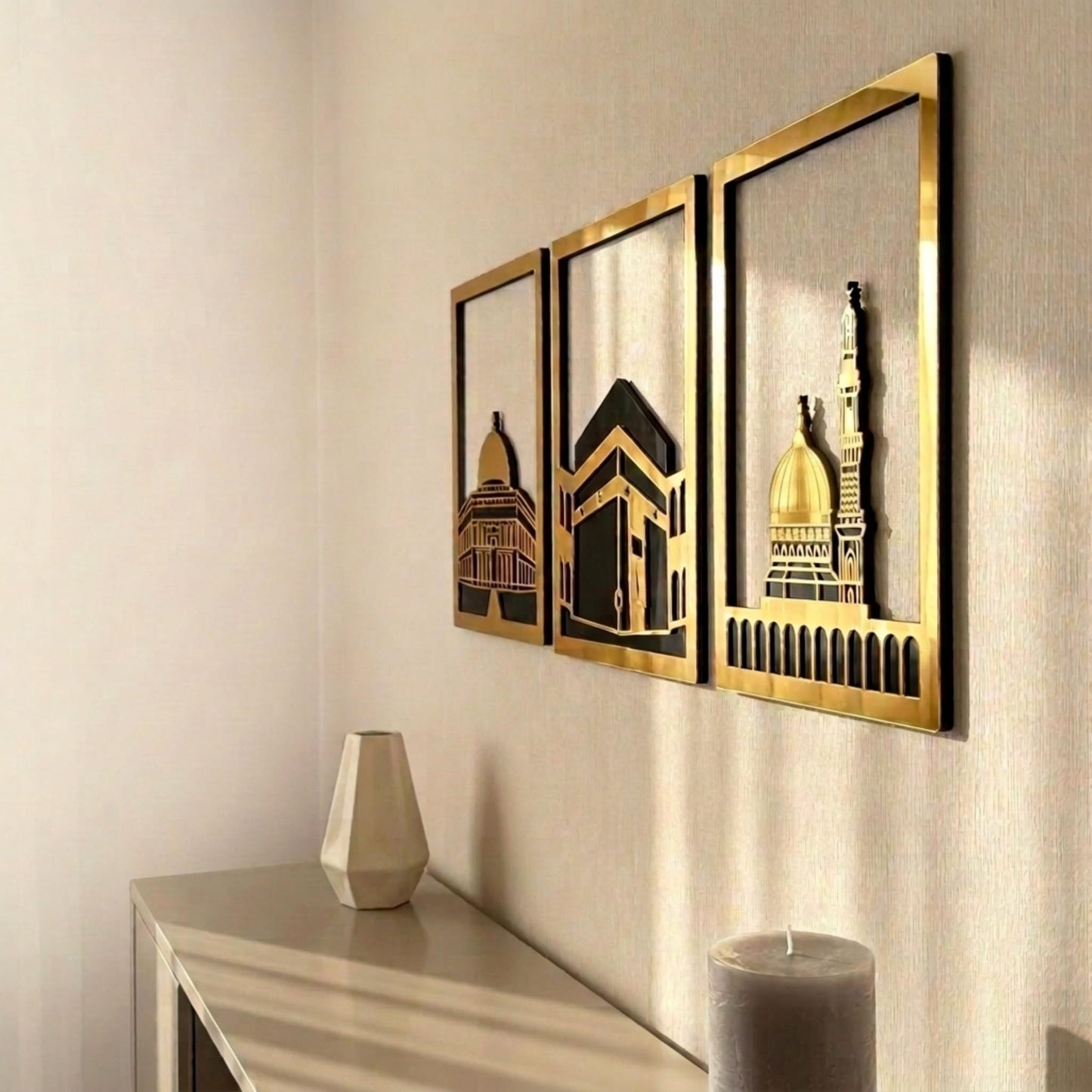 iwa concept Masjid Al Aqsa, Kaaba & Masjid An-Nabawi Islamic Wall Art, Wooden Blessed Places Islamic Wall Decor, Gift for Muslims at Ramadan Eid (Small, Gold | All Three)