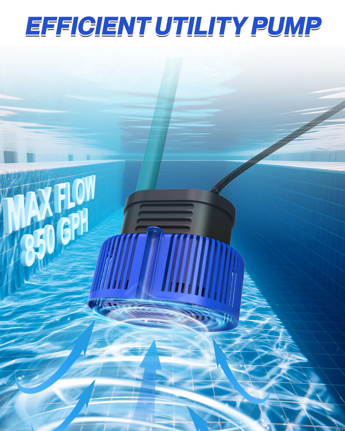 Pool Cover Pump above Ground - Submersible Water Sump Pump Swimming Water Removal Pumps, with Drainage Hose & 25 Feet Extra Long Power Cord, 850 GPH inGround, 3 Adapters