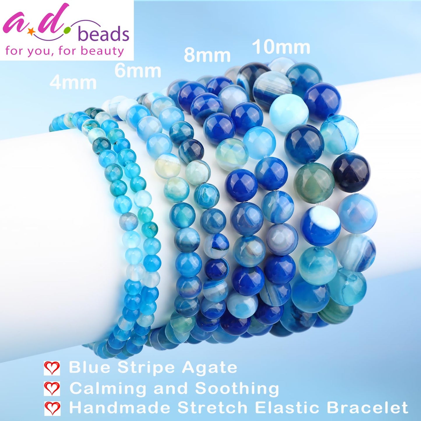 AD Beads 8mm Handmade Blue Stripe Agate Elastic Bracelet Natural Gemstone for Calming and Soothing Meditation, Yoga, Healing and Energy Gift for Men Women