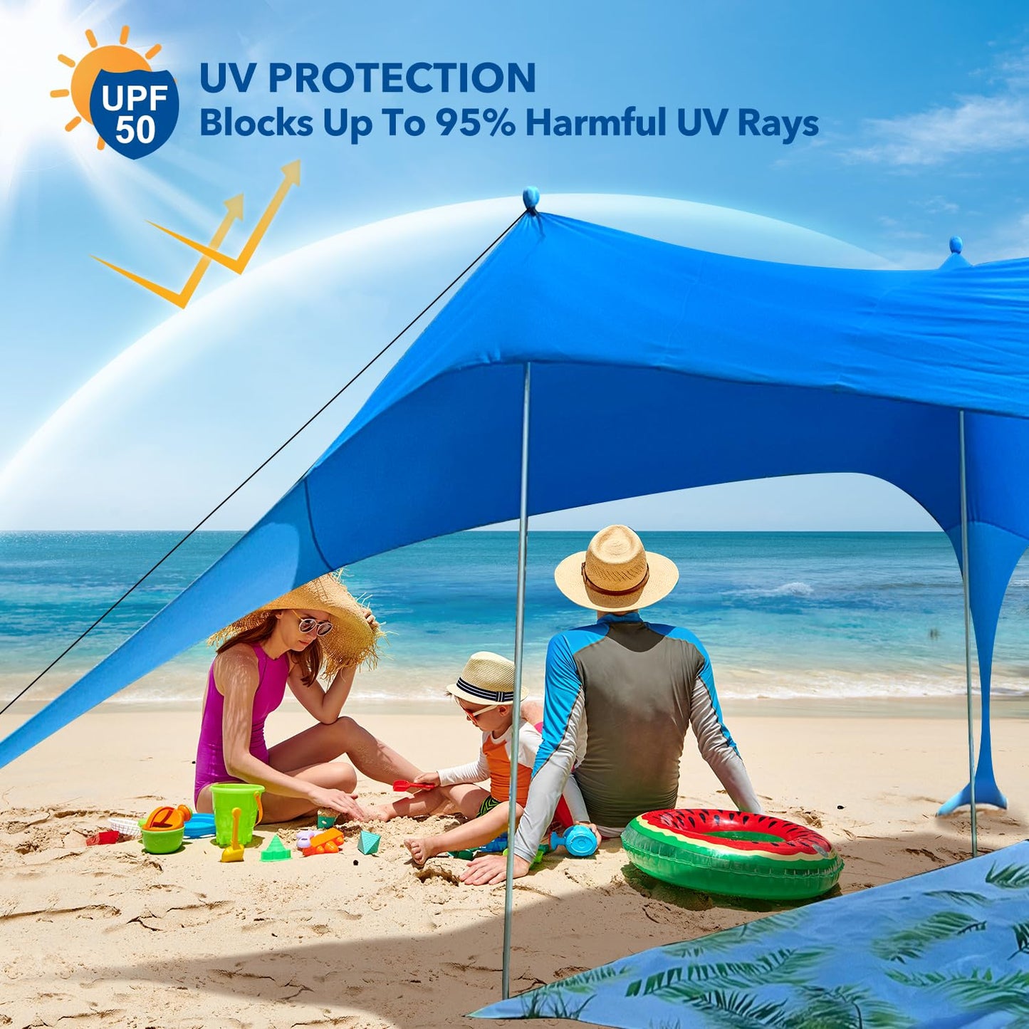 Beach Shade Canopy with Beach Blanket Phone Case Sun Shelter Umbrella UPF50+ Protection Portable 7.5X7.5Ft Camping Tents for Beach Outdoor Camping Backyard Picnics Easy to Set Up for Outdoor Camping
