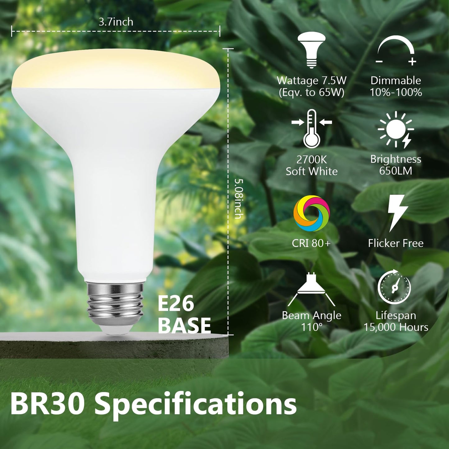 Sigalux BR30 LED Flood Light Bulbs, 7.5W Equivalent 65W, 650LM, Dimmable, 2700K Soft White, CRI 80, 110° Beam Angle, E26 Base, Energy-Efficient Indoor Recessed Lighting, 6 Pack
