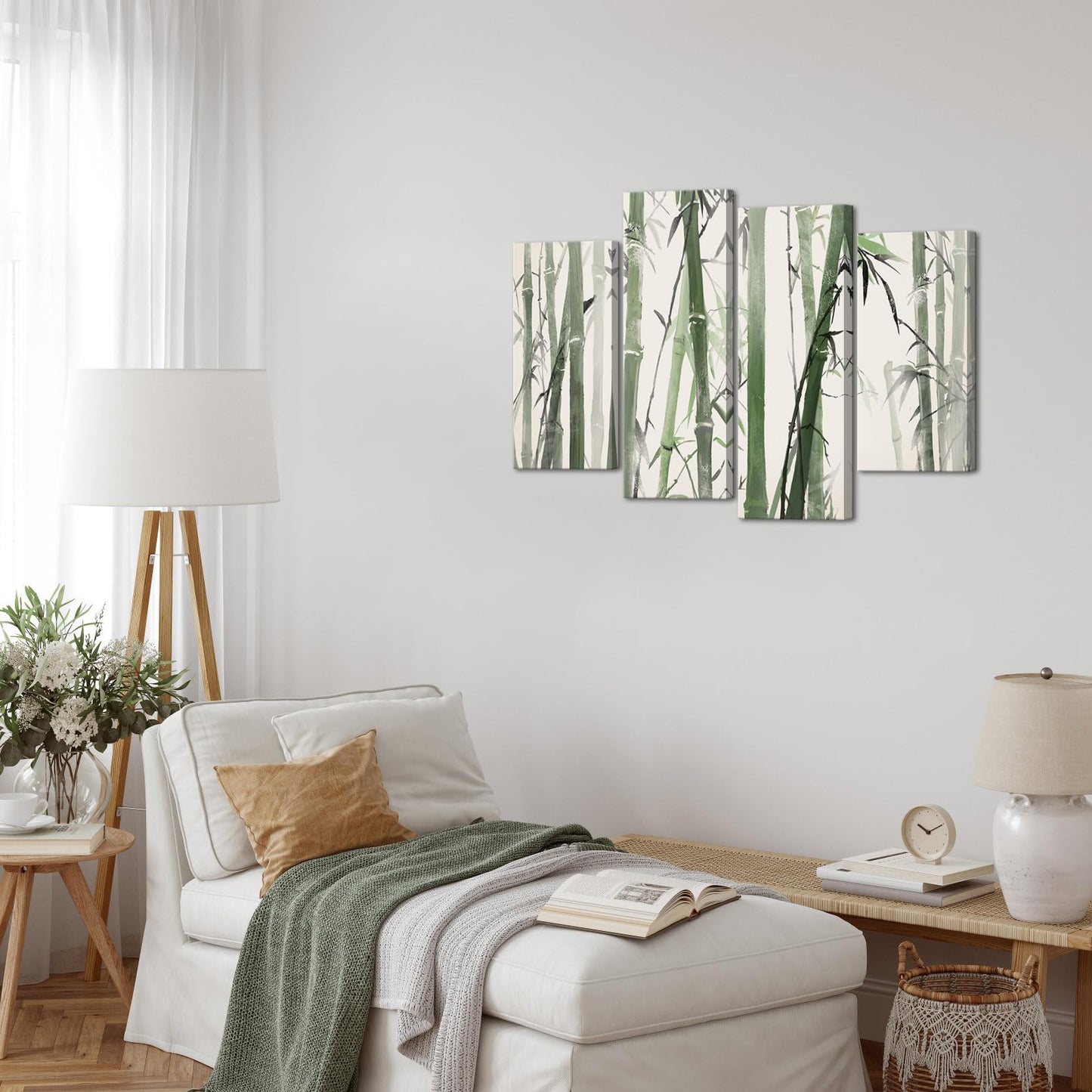 Biuteawal 4 Panels Bamboo Canvas Wall Art Chinese Painting of Bamboo Forest Nature Picture Print Green Zen Artwork for Meditation Spa Yoga Room Bedroom Decor Ready to Hang