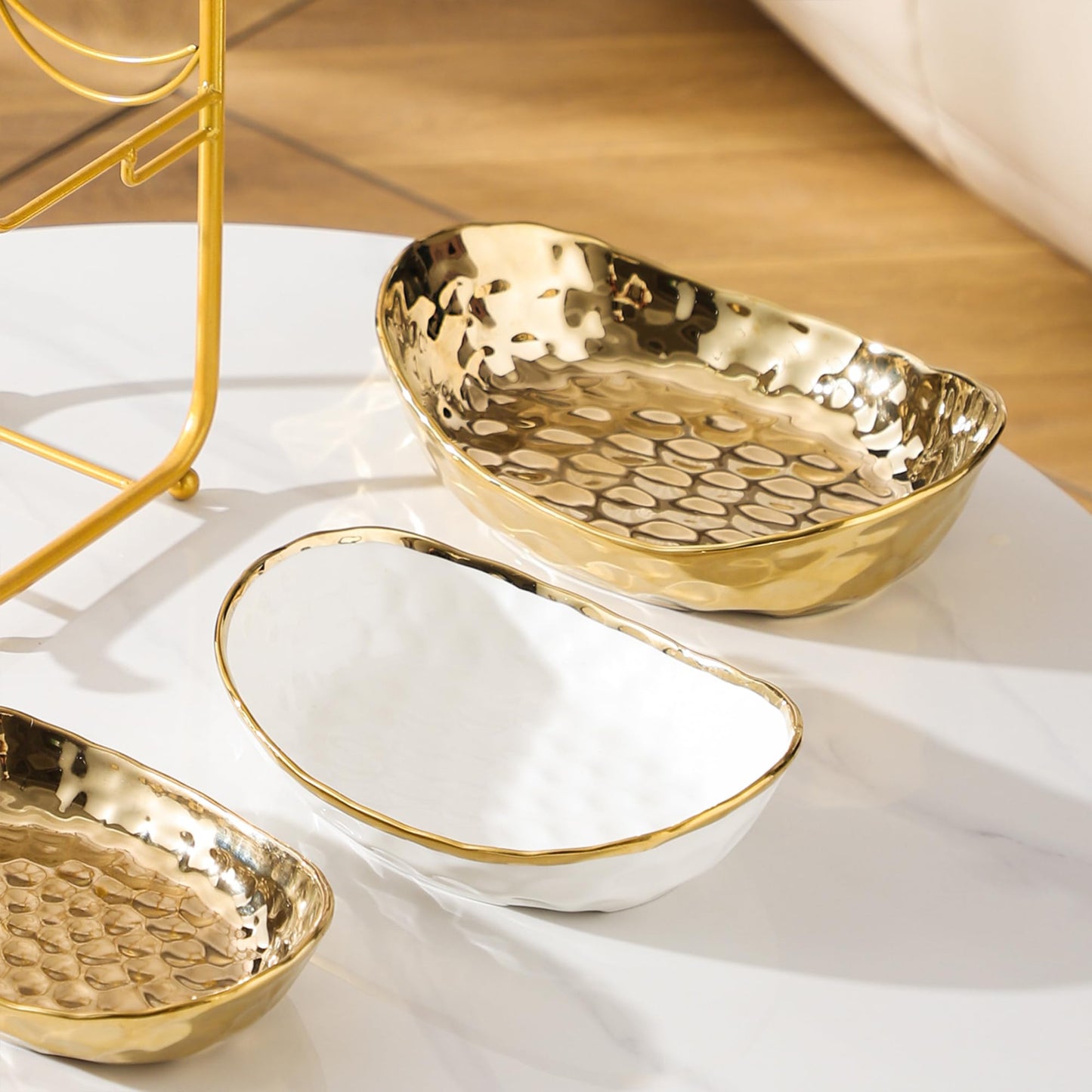YYW 3-Tier Ceramic Fruit Bowl with Metal Stand - Elegant Countertop Organizer for Kitchen/Living Room, Holds Desserts, Snacks & Nuts - Home & Party Use (Golden)