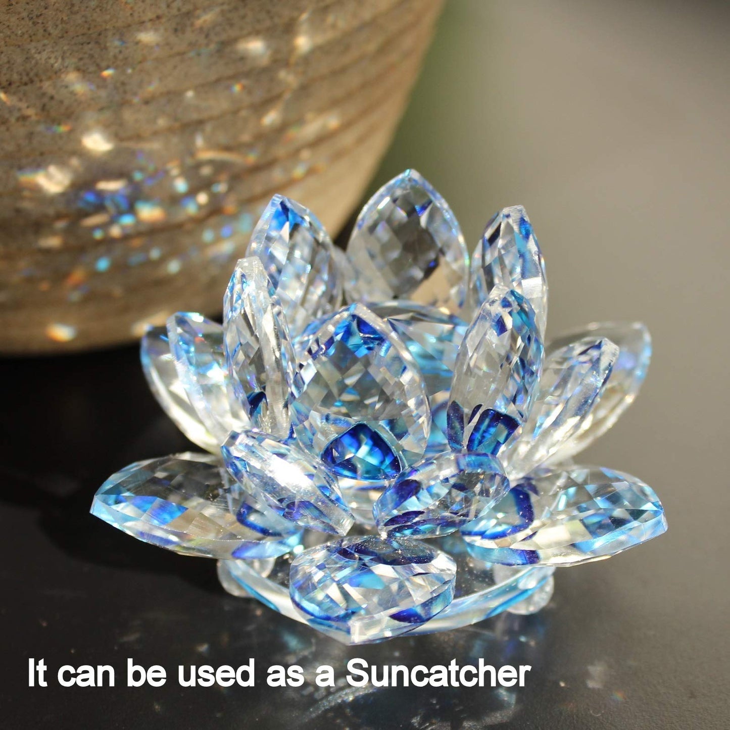 TENGFENG Sparkle Crystal Lotus Flower - 4'' Hue Reflection Clear Crystal Blue Lotus for Feng Shui Home Decor Sun Catcher Ornaments or Paper Weight with Gift Box (100MM) Blue
