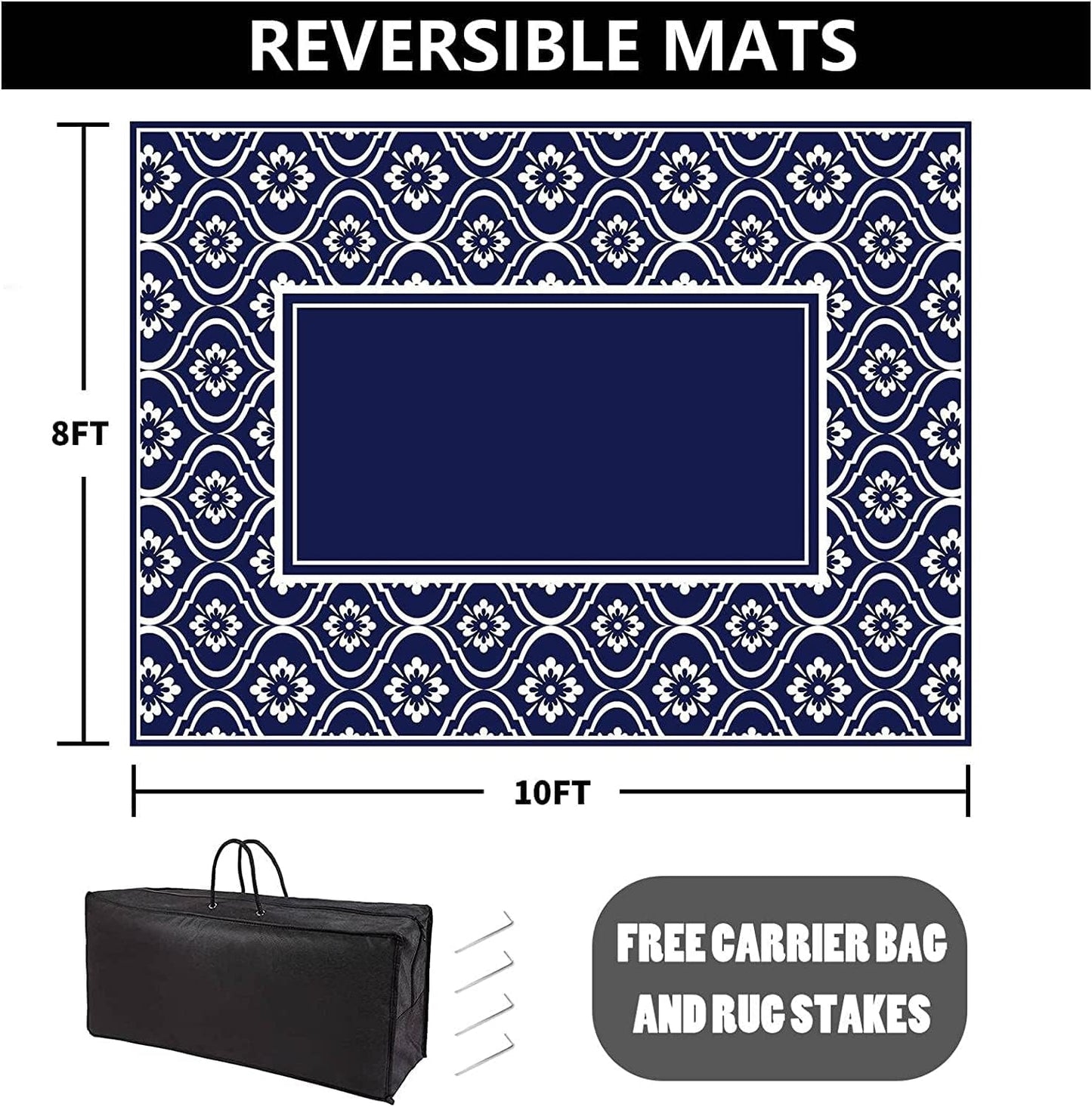 HUGEAR Outdoor Rug 8x10 Patio Camping Carpet Waterproof Mat Blue Outside Plastic Area Rug Reversible Rugs for RV Deck Entryance Porch Picnic Balcony Beach(8x10ft Navy Blue&White)