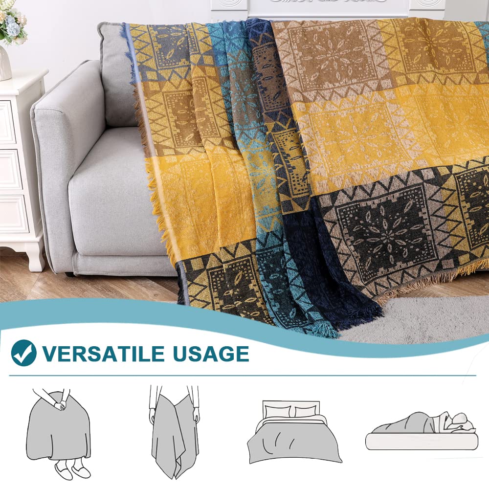 Turquoize Boho Couch Cover Bohemian Cotton Sofa Cover Sofa Throw Cover for Couches Sofa Slipcover Sectional Sofa Couch Covers Feature Hippie Chenille Jacquard Fabric(91"x 134",XX-Large,Yellow Navy)