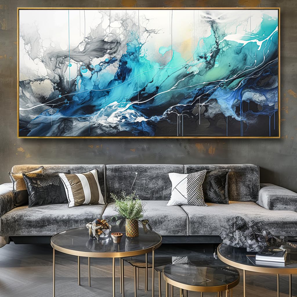 Wall Art Abstract Canvas Painting Teal Blue Modern Artwork for Living Room Bedroom Dining Room Home Office Decor 20"x40" with Framed