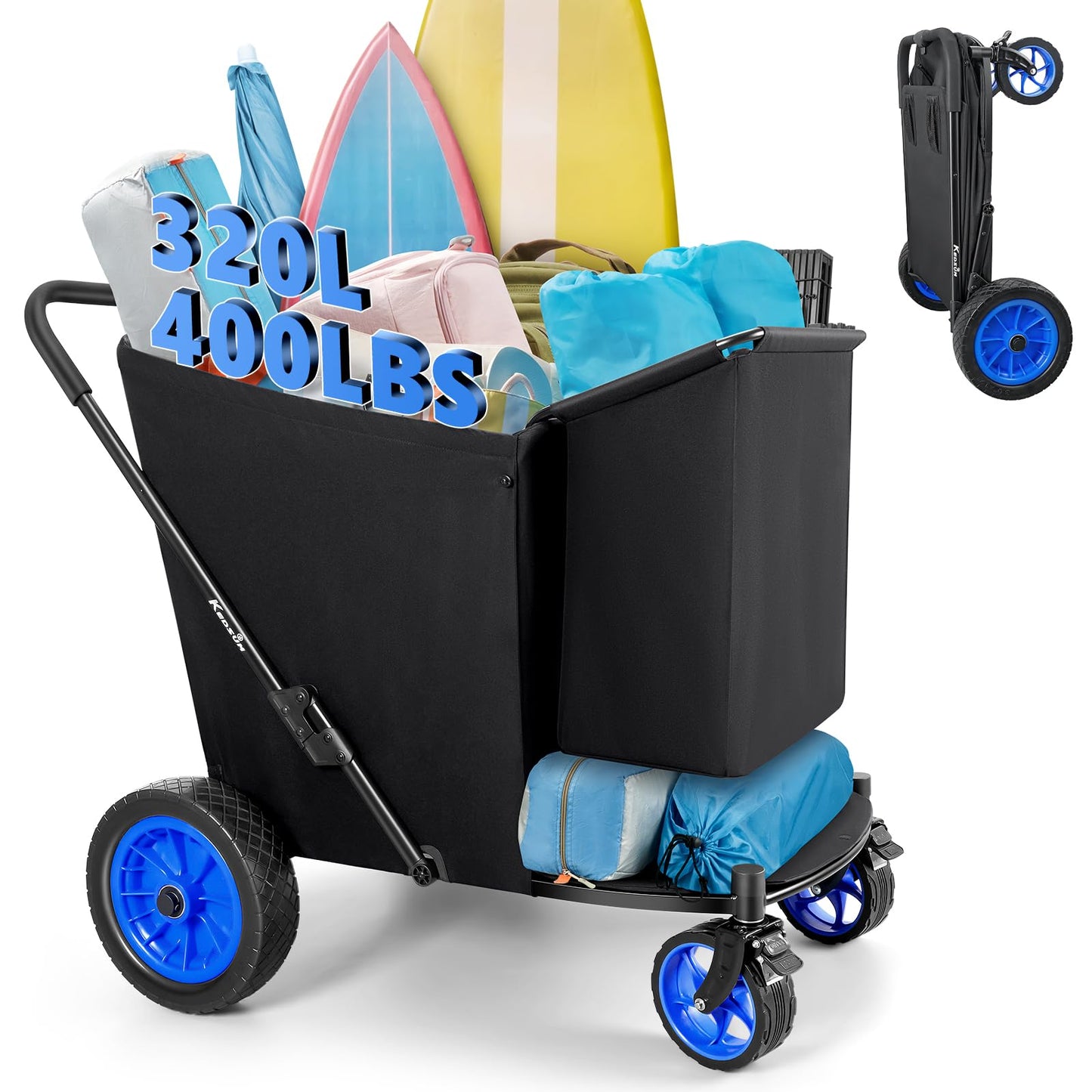 KEDSUM 11.3 Cu.Ft. 400LBS Large Capacity Beach Wagon with Big Wheels for Sand, 12" Rubber Wheels Beach Cart, Heacy Duty Collapsible Wagon for Sand, One-Click Foldable