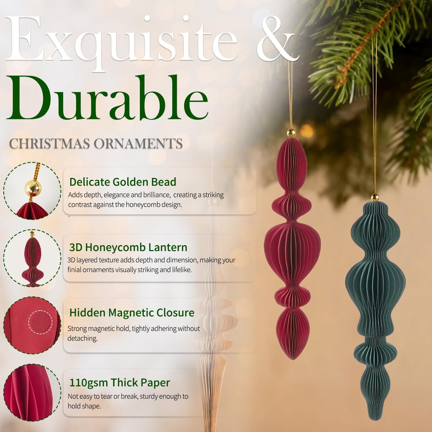 12Pcs Finial Christmas Ornaments for Tree, 3D Paper Honeycomb Hanging Decorations Neutral Boho Christmas Honeycomb Ornaments Lanterns for Xmas Tree Winter Wedding New Year Holiday Party Home Decor
