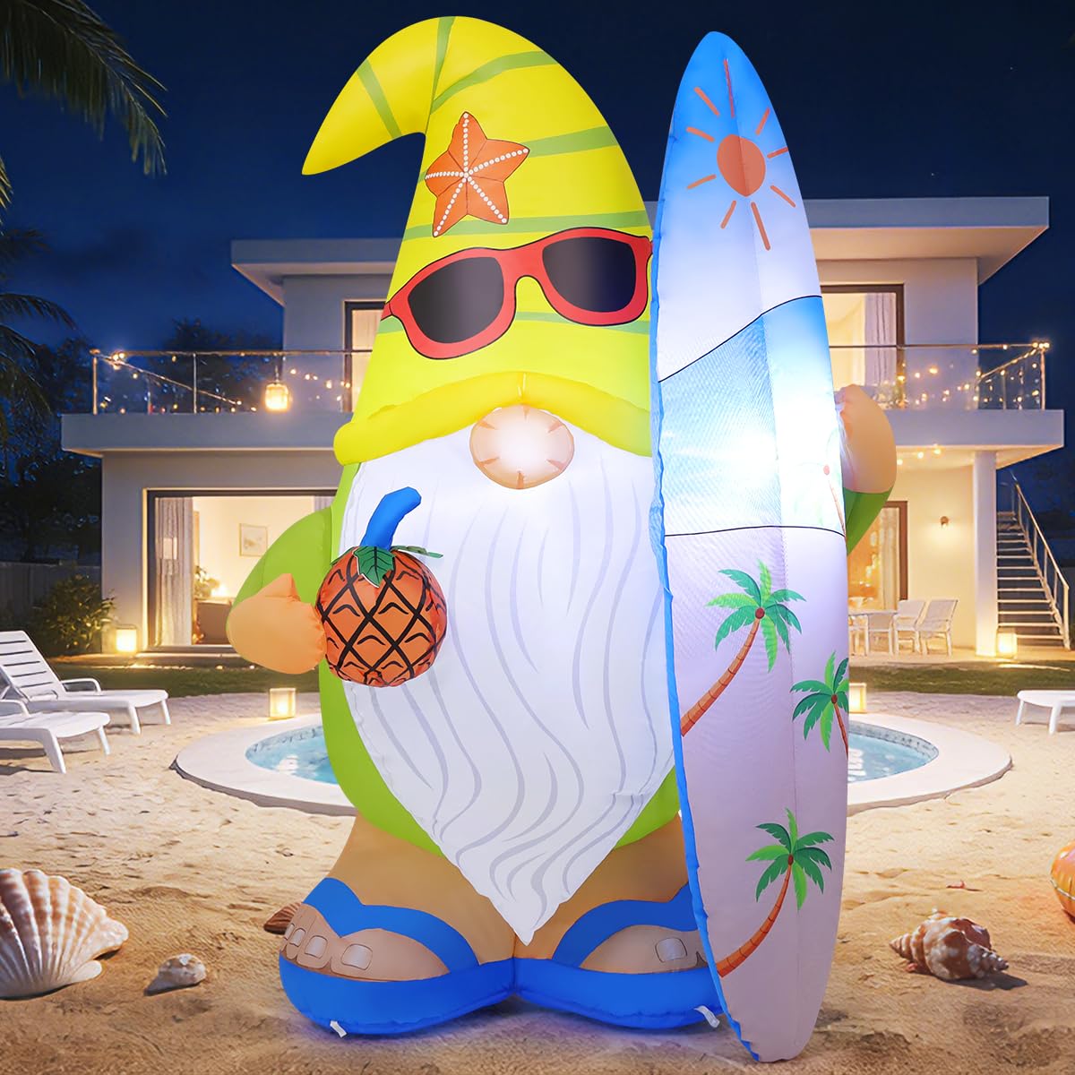 GOOSH 5.2 FT Summer Inflatables Hawaii Gnome Decorations Outdoor Blow Up Yard with Surfboard&Pineapple Built-in LEDs for Garden Lawn Indoor Party Beach Decor