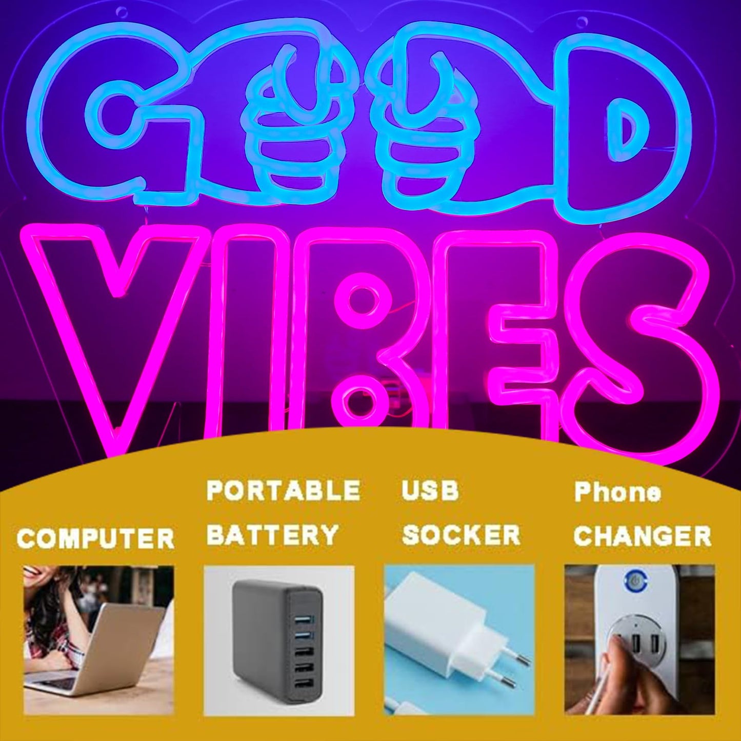 qbanziou Good Vibes Neon Signs for Wall Decor，Led Neon Light for Man Cave、Bedroom、Garage，Christmas Birthday Party Gifts