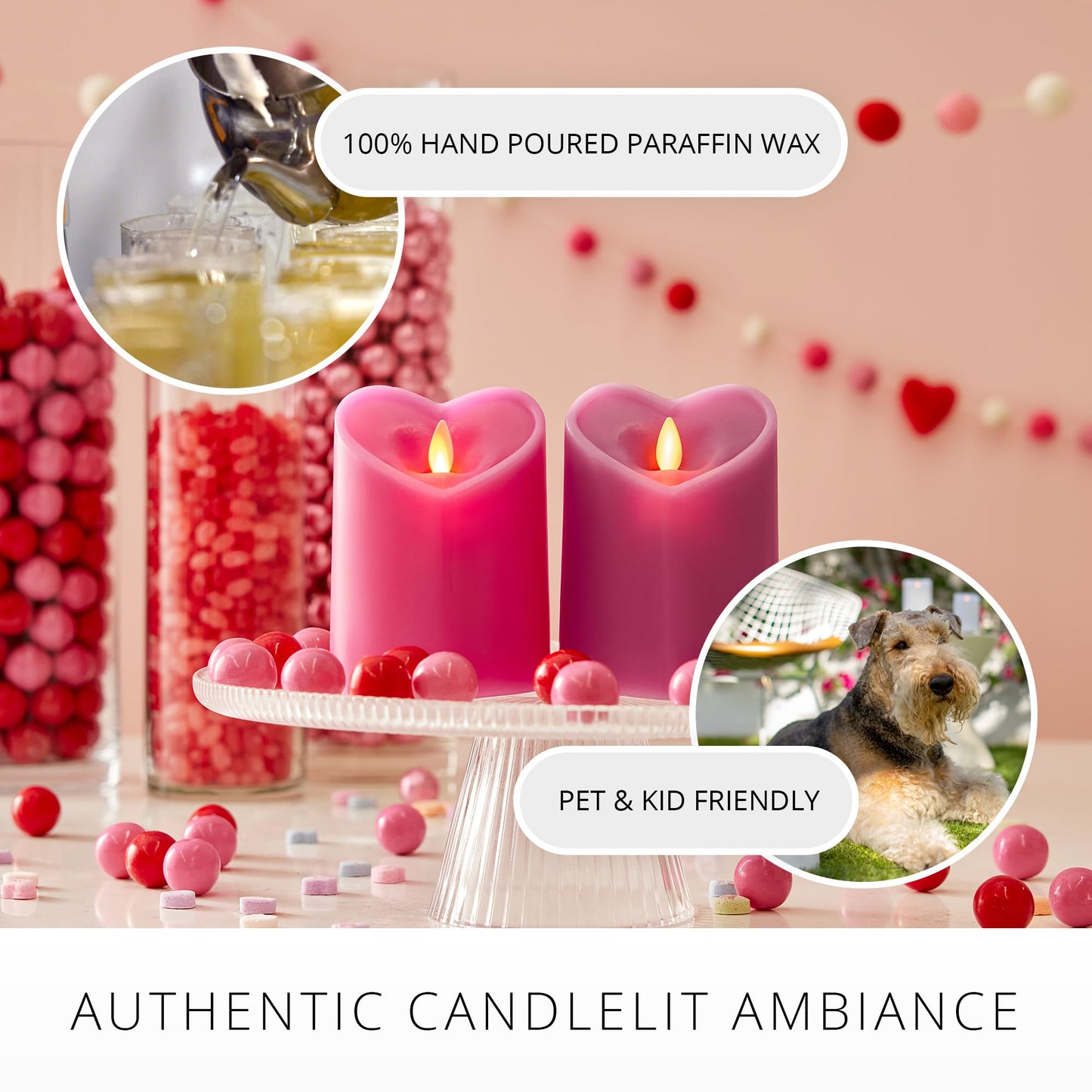Luminara Raspberry Sorbet Heart Shaped Pillar Candle - Flickering Real-Flame Technology - Remote Ready - Romantic Valentine's Collection - 3.5" x4.5"