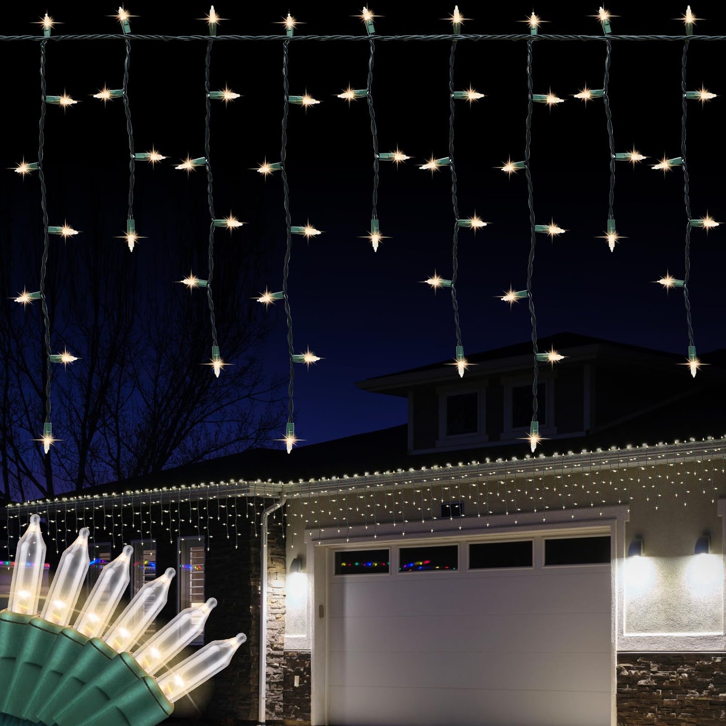 LAMPHOME 27 FT 300 Clear Icicle Lights - Green Wire, Indoor/Outdoor Christmas Light