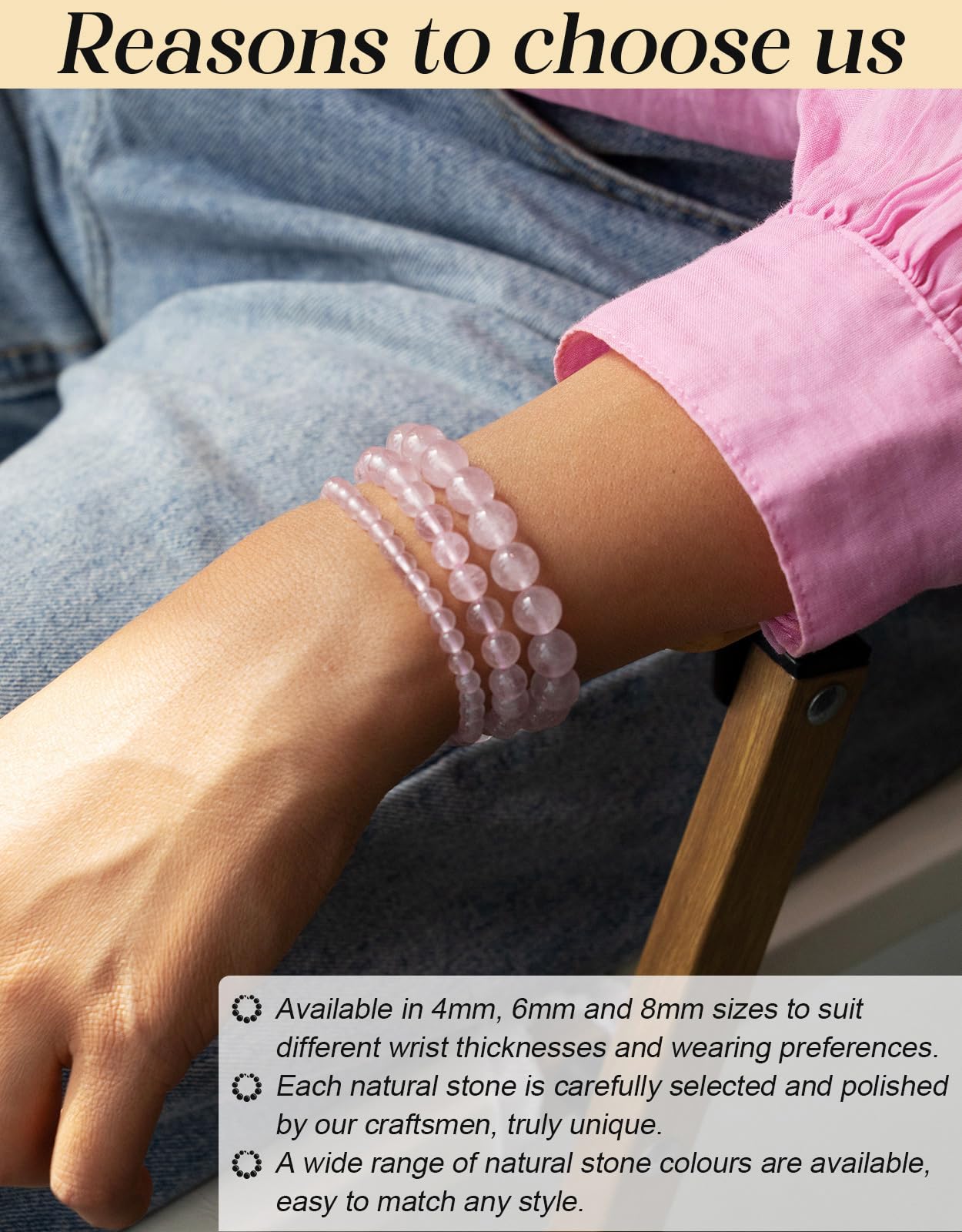 Landorilo Beaded Bracelet for Men Women, 6mm Natural Stone Rose Quartz Healing Crystal Stretch Bracelets, Ideal Christmas Birthday Jewelry Gifts with Energy Card，Replacement Beads Included