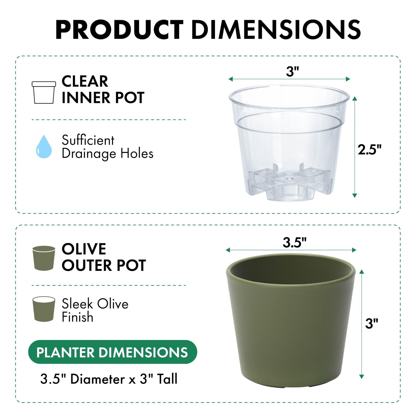 Phoenix Vine 3.5 Inch Olive Plastic Cachepot with Clear Nursery Pot, Decorative Lightweight Planter Cover with Transparent Inner Pot for Indoor Houseplants, Pack of 8, 24-A-F-8